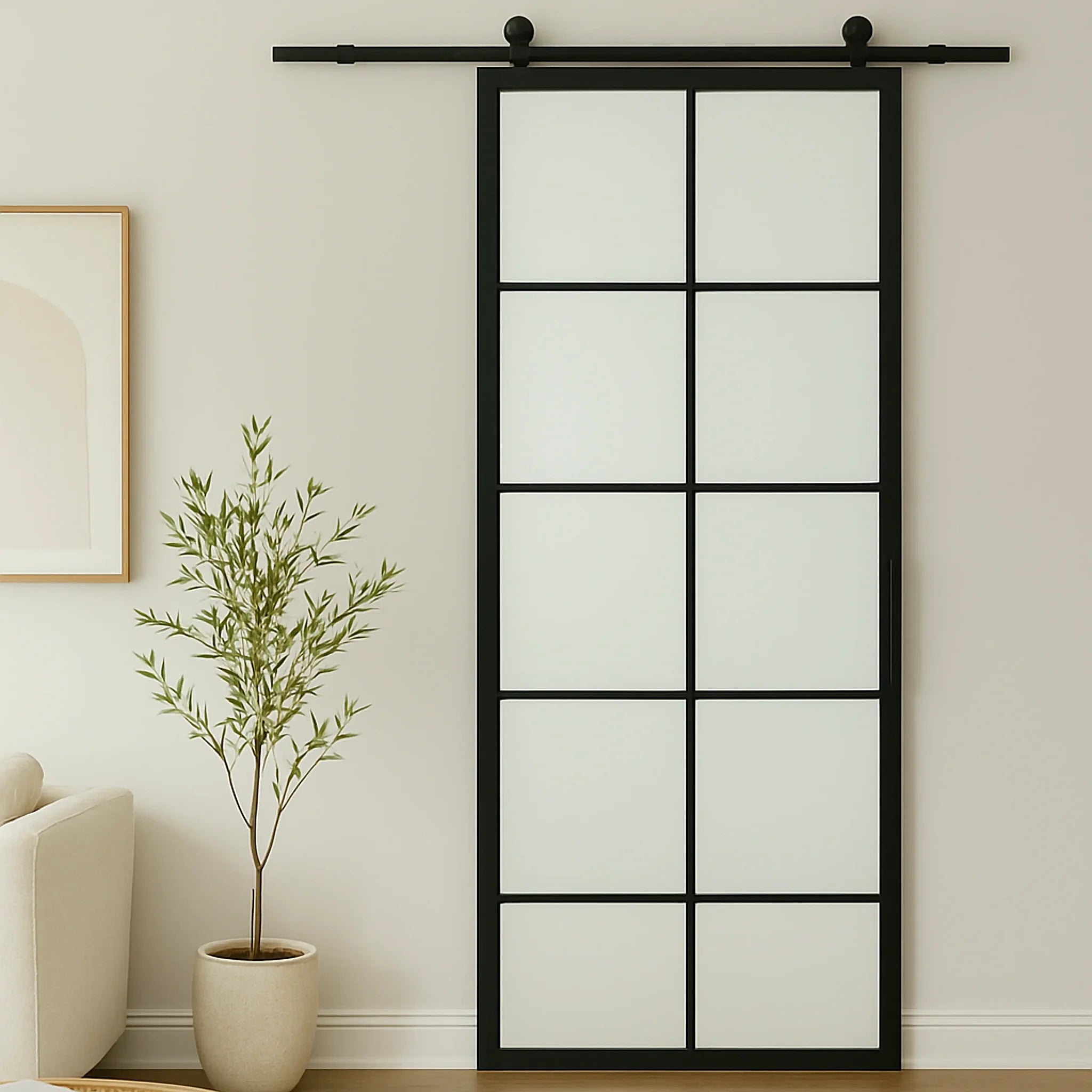 10 Lite Interior Steel French Barn Door Frosted Glass - AlpadaDoors - Interior single barn door