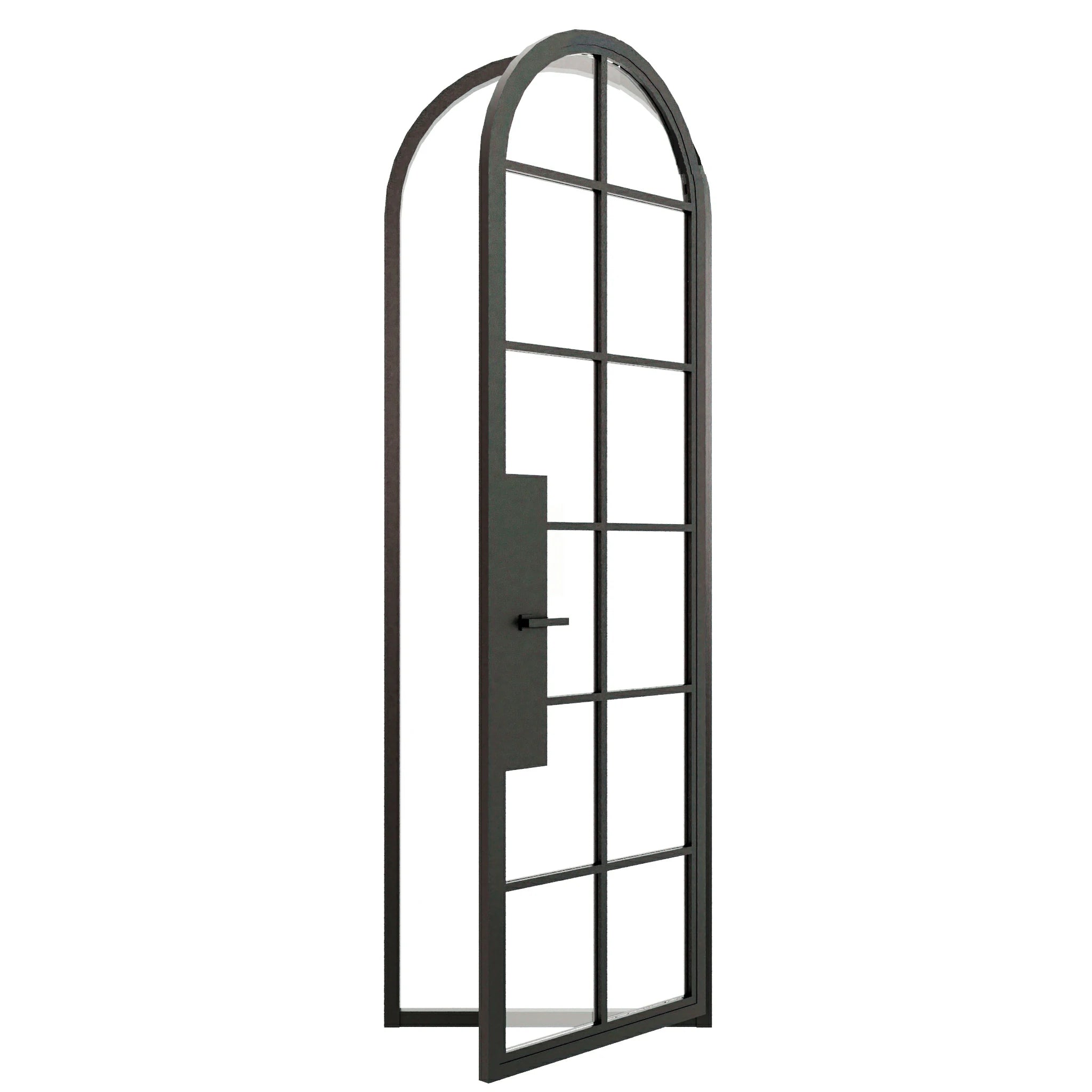 12 Lite Round Top Single Front Door - steel and glass front door open view - Alpada Doors
