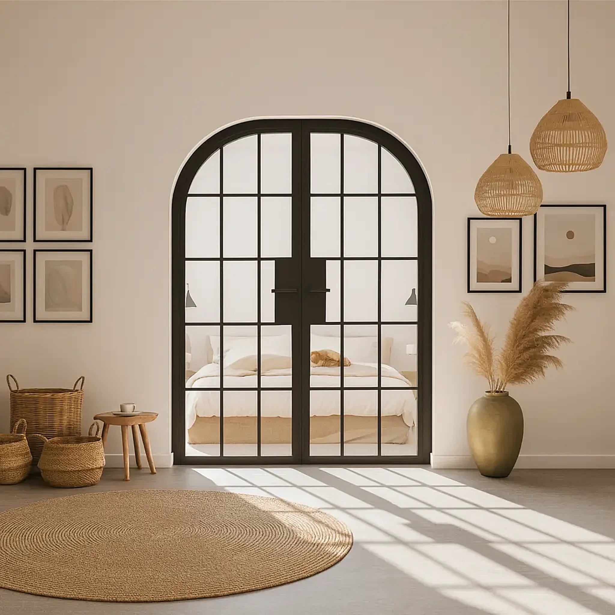 15 Lite Interior Steel Round Top French Double Door Classic Grid - Alpada Doors