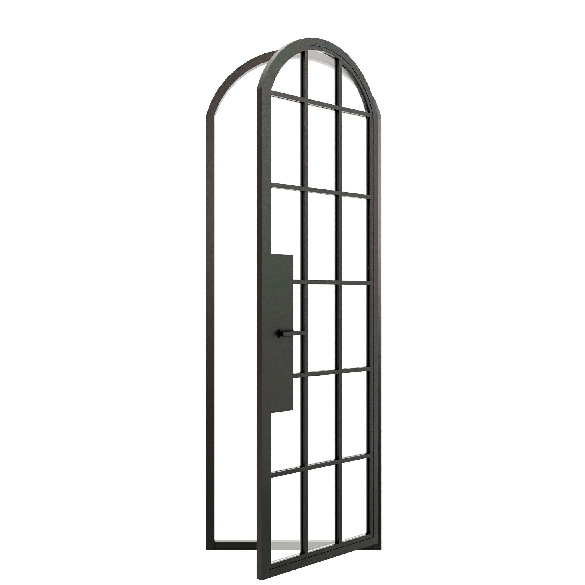 18 Lite Arched Single Front Door - steel and glass front door open view - Alpada Doors