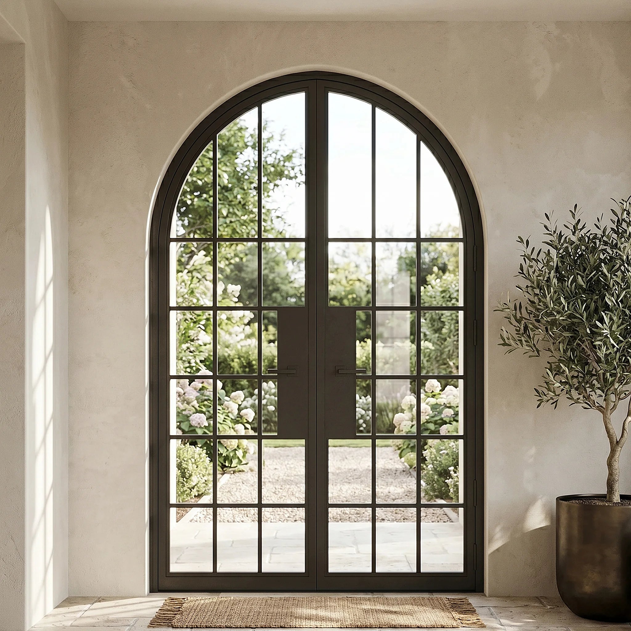 18 Lite Round Top Double Front Door - steel and glass front door front view - Alpada Doors