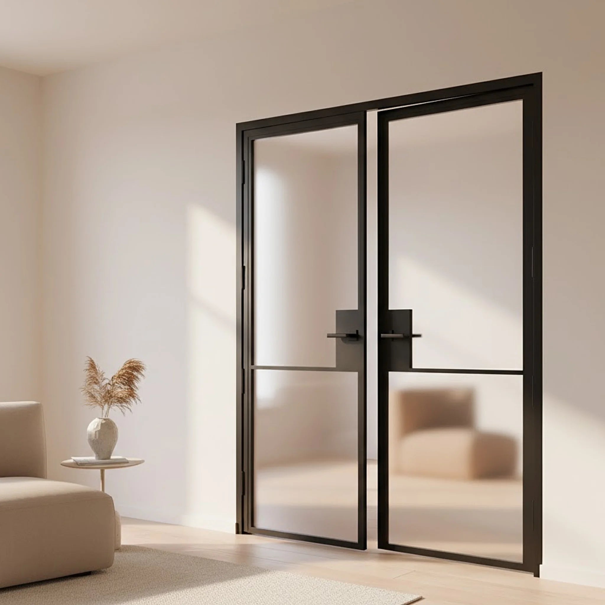 2 Lite Interior Steel French Double Door Modern Line - Alpada Doors