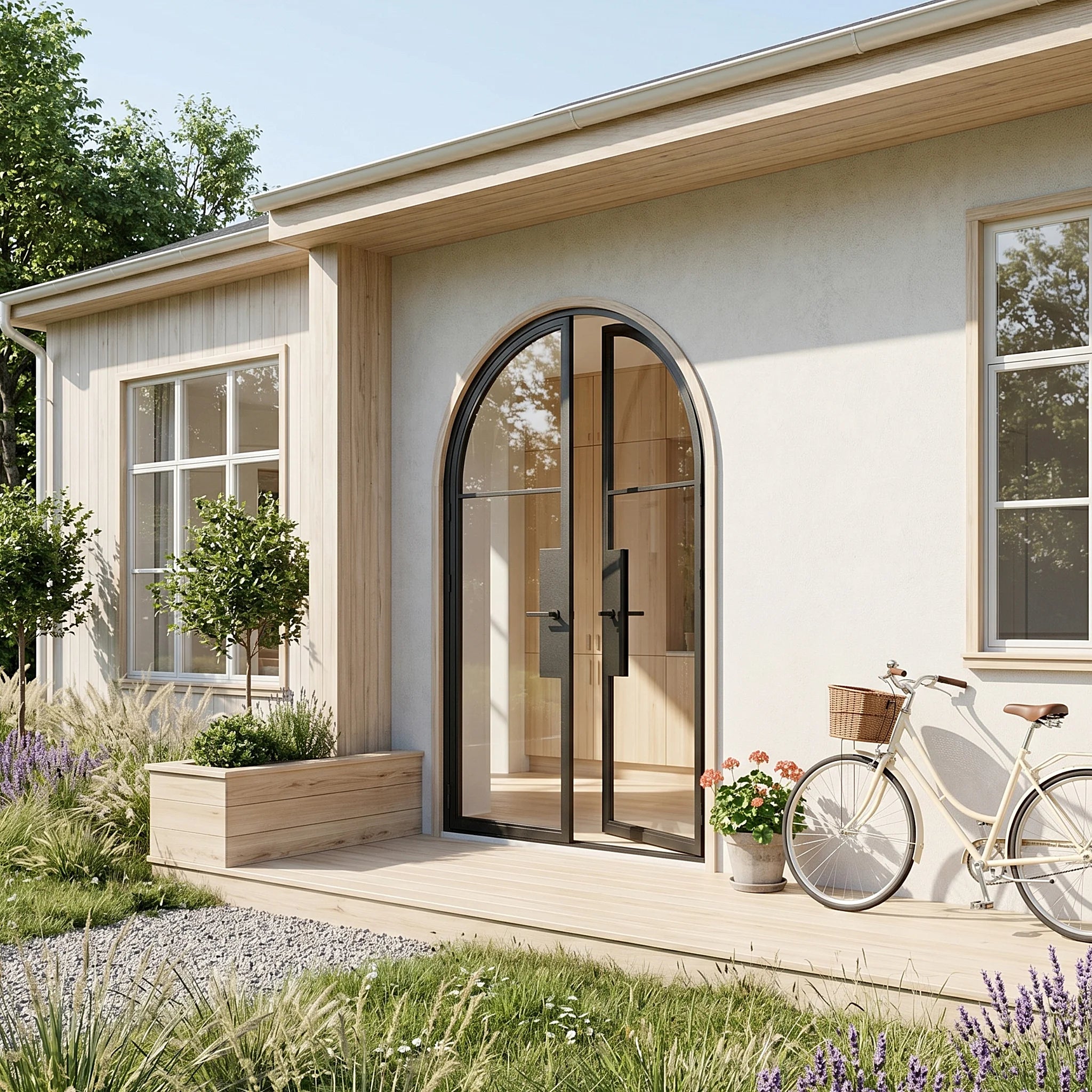 2 Lite Round Top Double Front Door - steel and glass front door front view - Alpada Doors