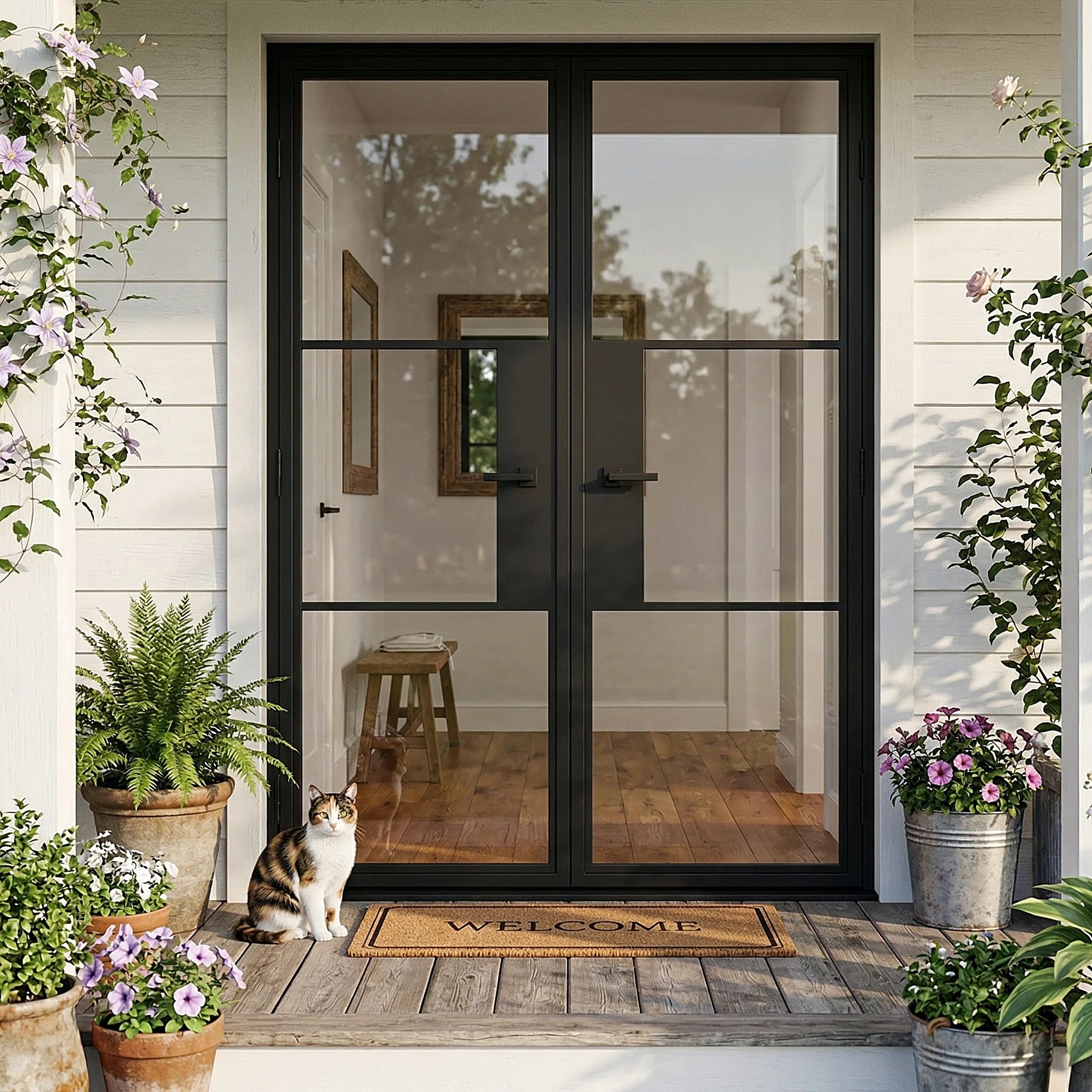 3 Lite Entryway Steel French Double Door - AlpadaDoors - Exterior double swing door