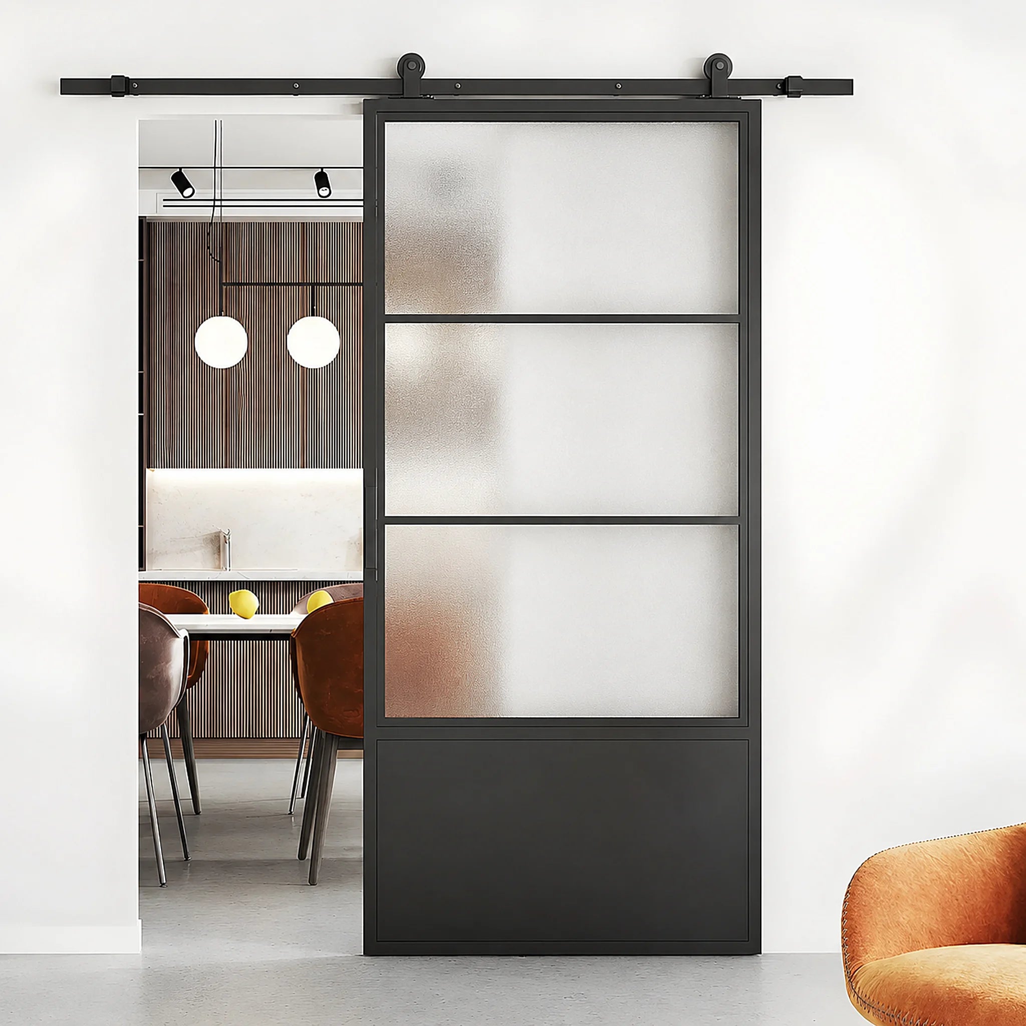 3 Lite Interior Barn Door w/ Steel Panel Frosted Glass - AlpadaDoors - Interior single barn door