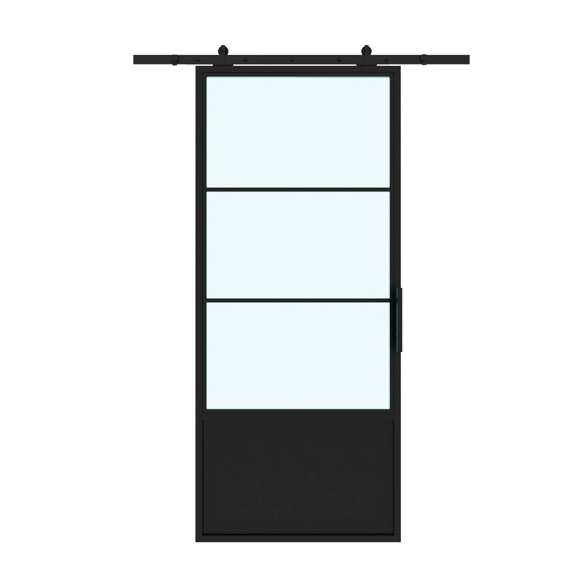 3 Lite Interior Barn Door with Steel Panel Frosted Glass