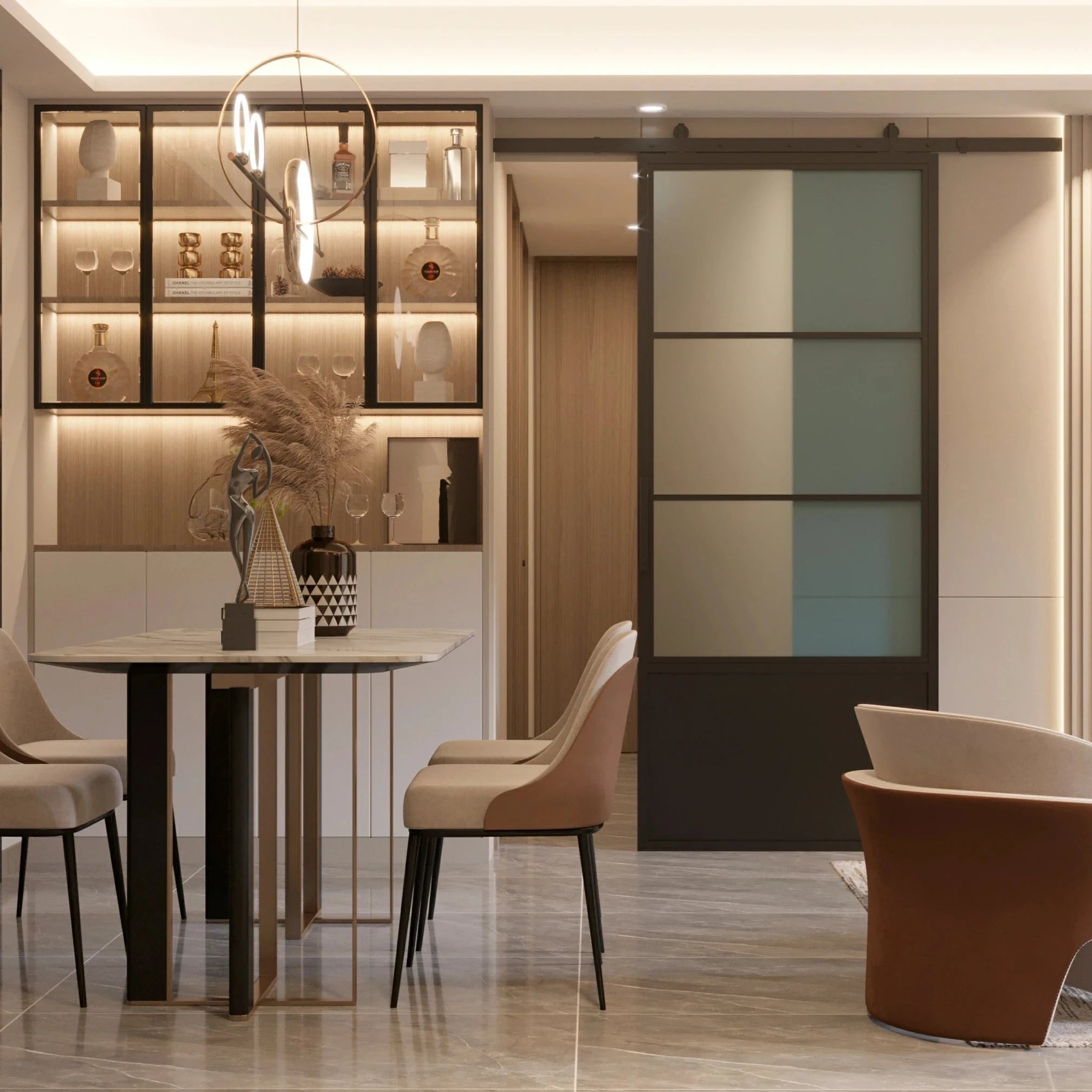 3 Lite Interior Barn Door w/ Steel Panel Frosted Glass - AlpadaDoors - Interior single barn door