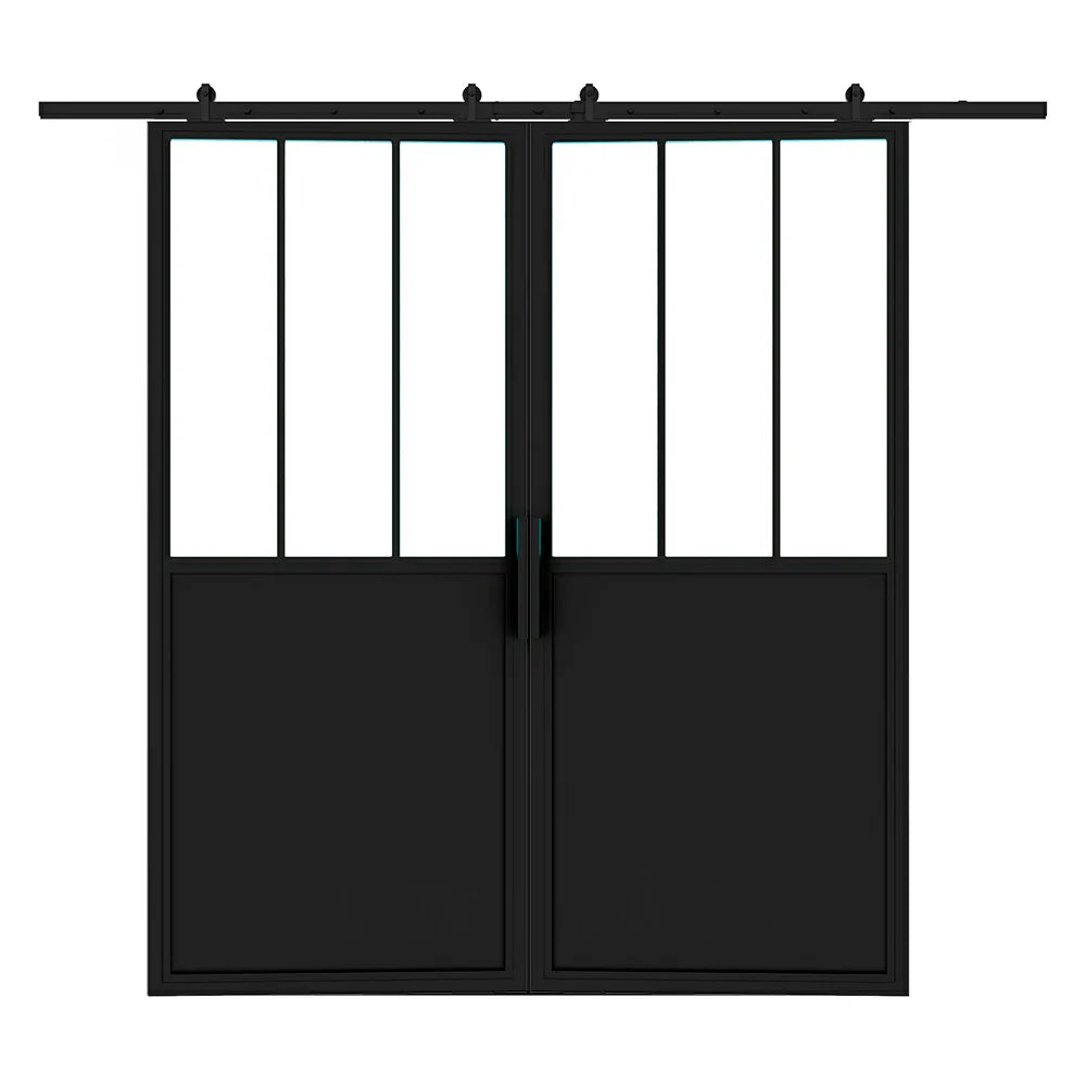 3 Lite Interior Double Barn Door Vertical Steel Panels