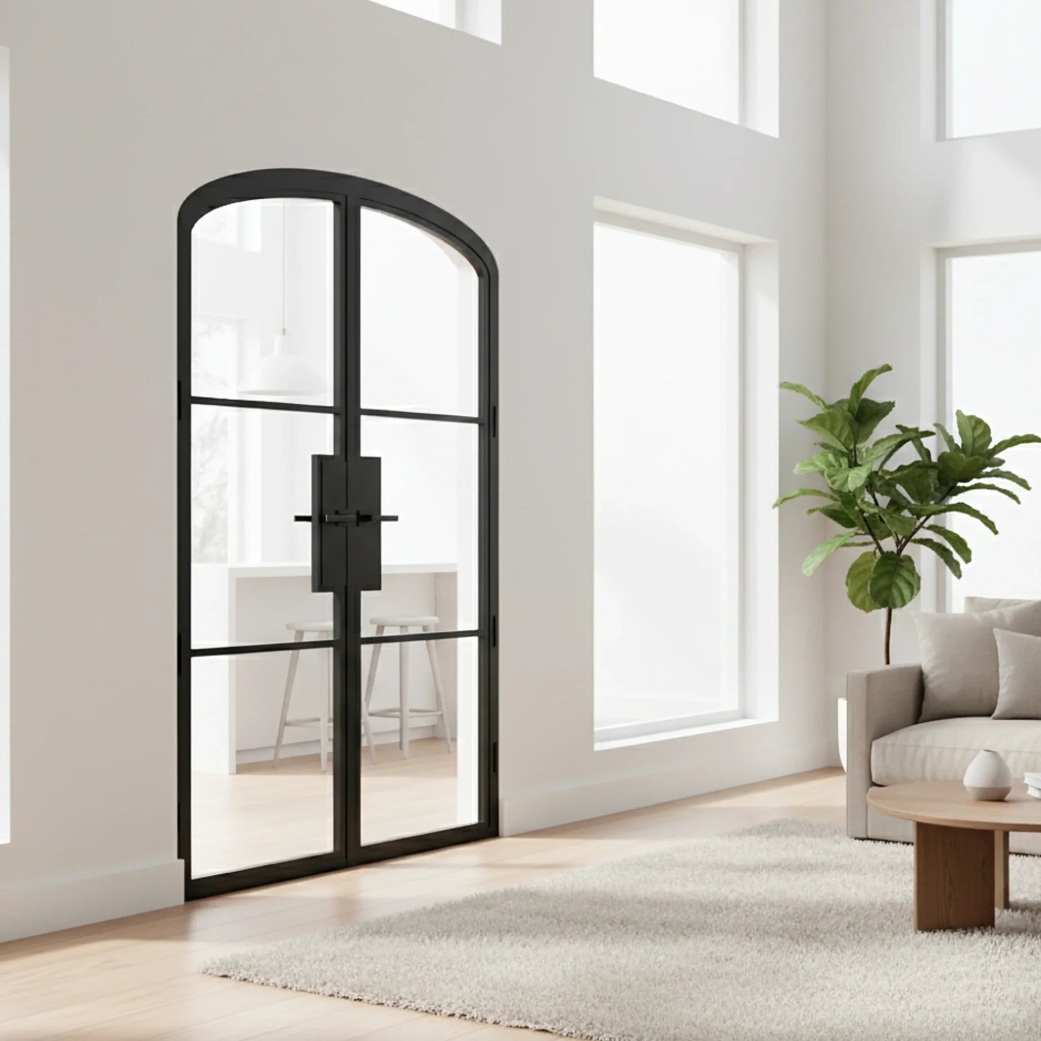 3 Lite Interior Steel Arched Top French Double Door