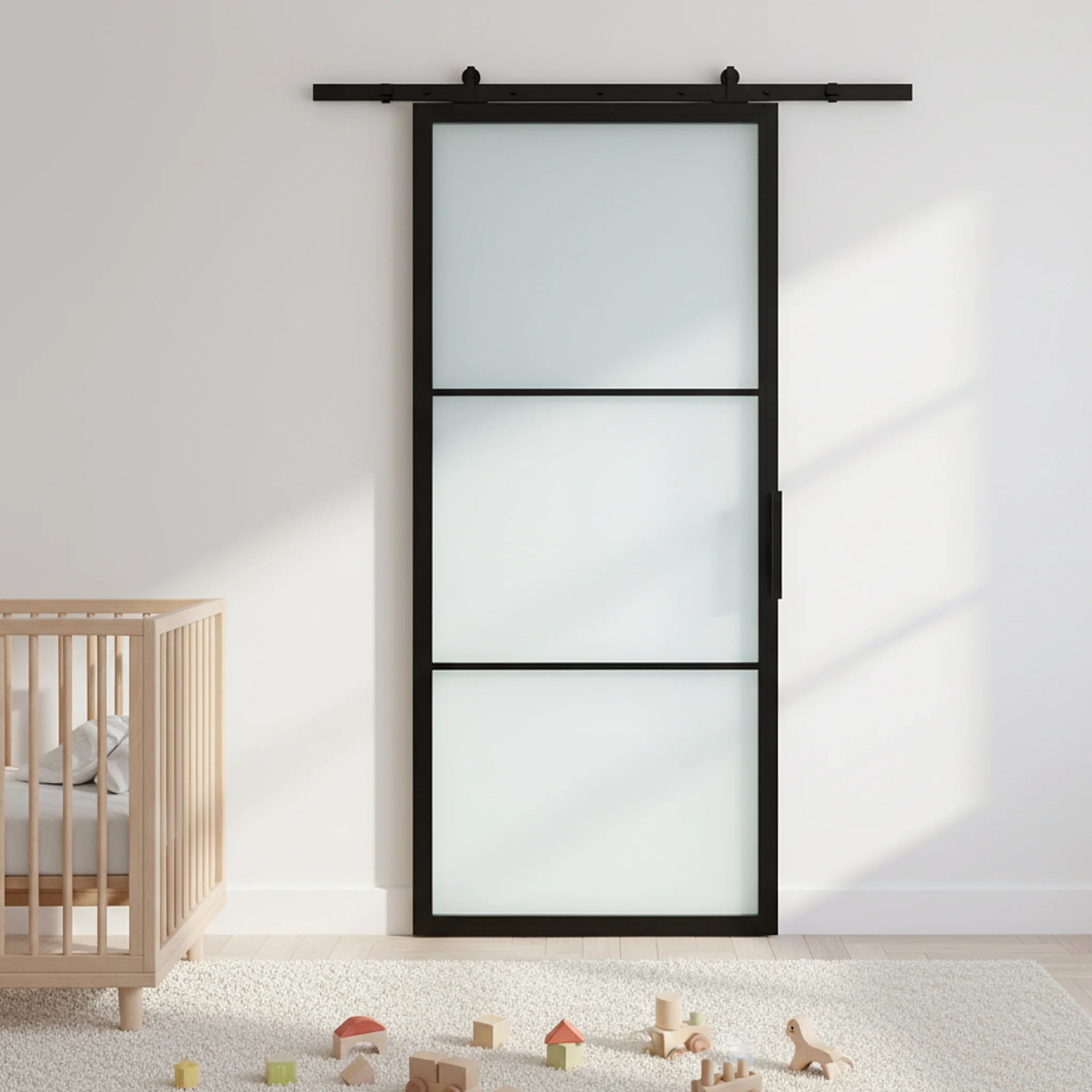 3 Lite Interior Steel French Barn Door Frosted Glass Modern Line - Alpada Doors