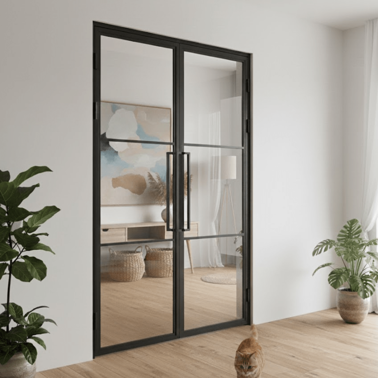 3 Lite Interior Steel French Double Door with Tall Pull Handle - AlpadaDoors - Interior double swing door