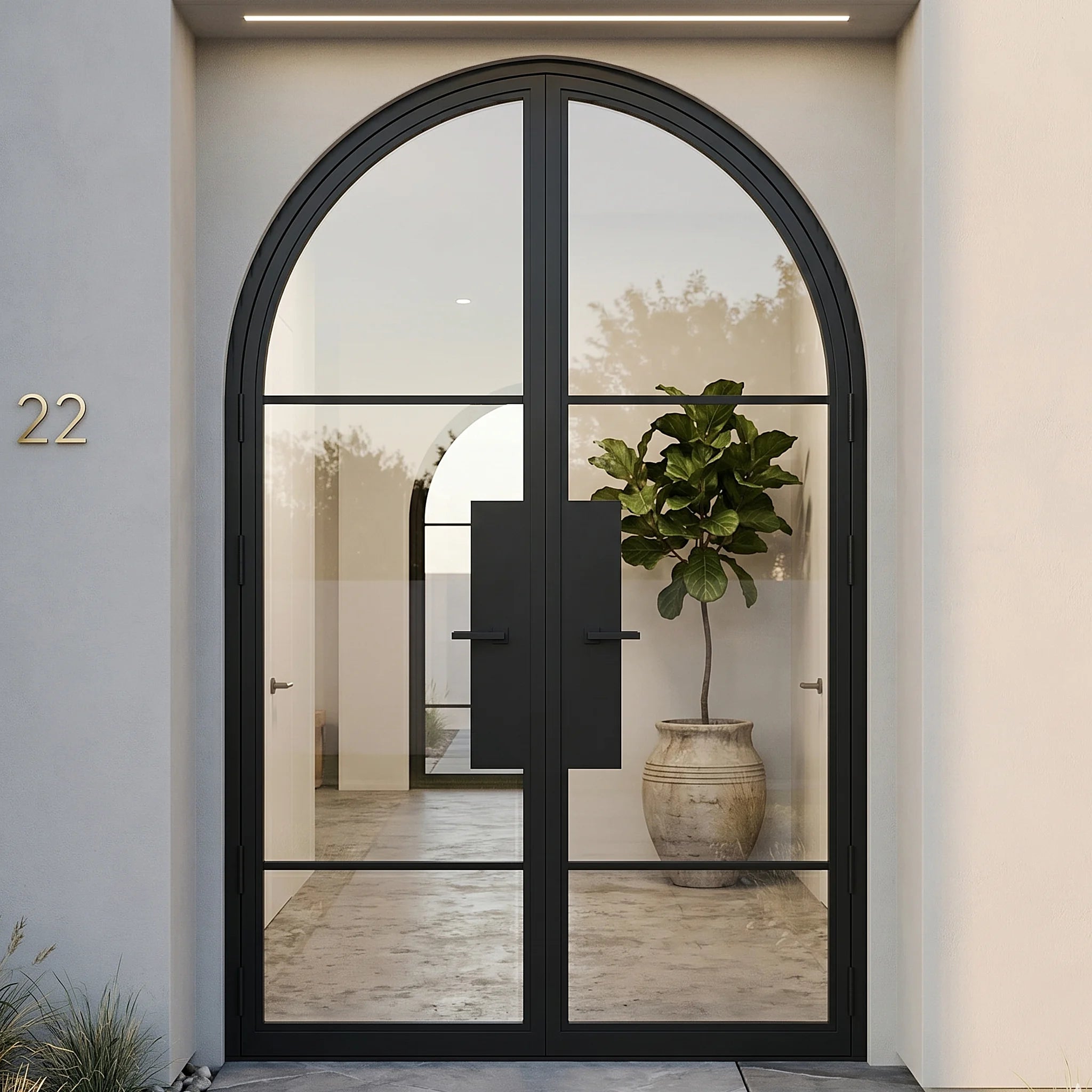 3 Lite Round Top Double Front Door - steel and glass front door front view - Alpada Doors