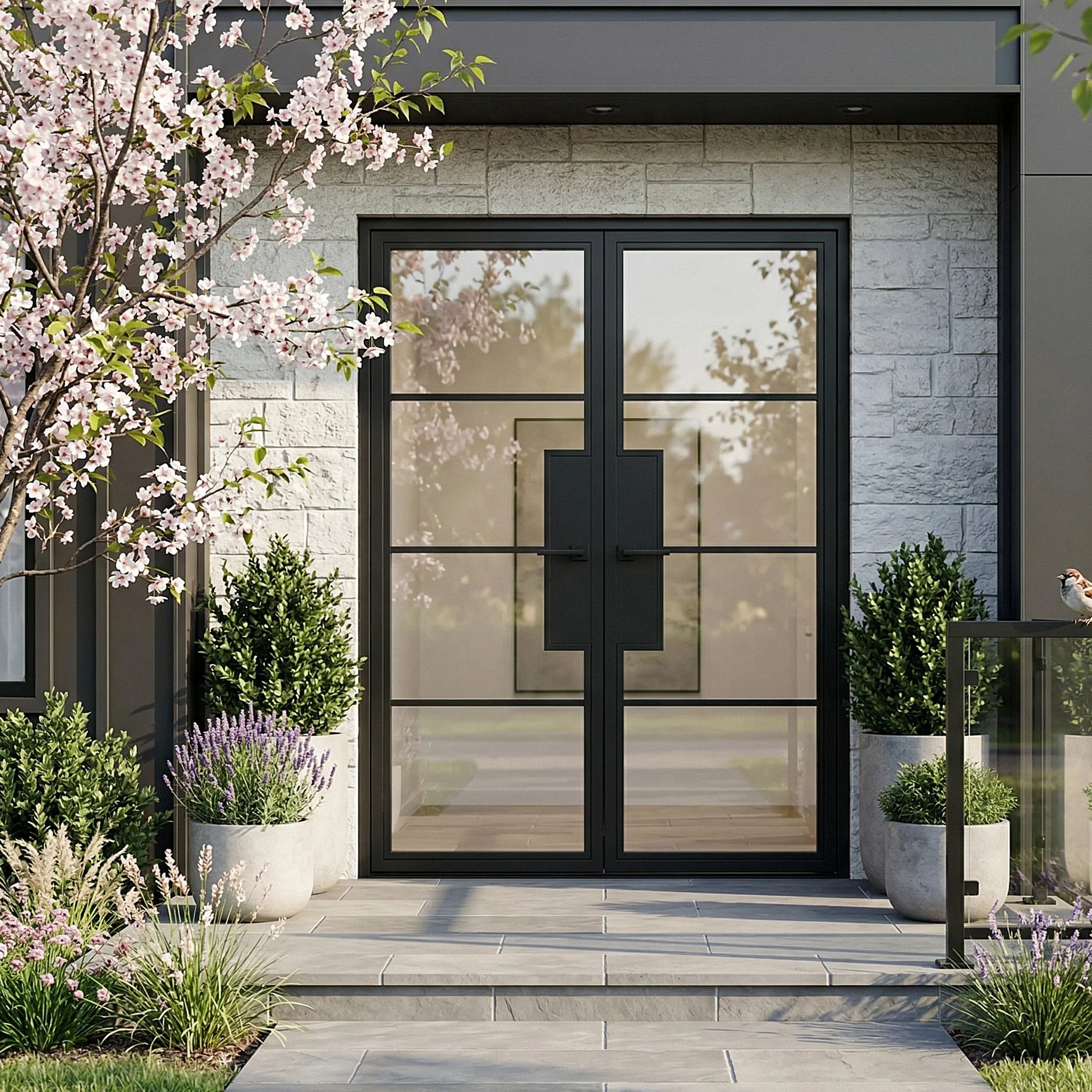 4 Lite Entryway Steel French Double Door - AlpadaDoors - Exterior double swing door