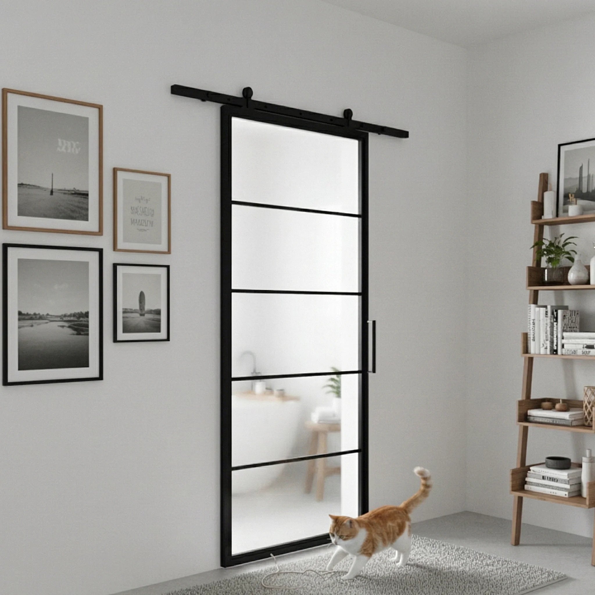 5 Lite Interior Steel French Barn Door Frosted Glass