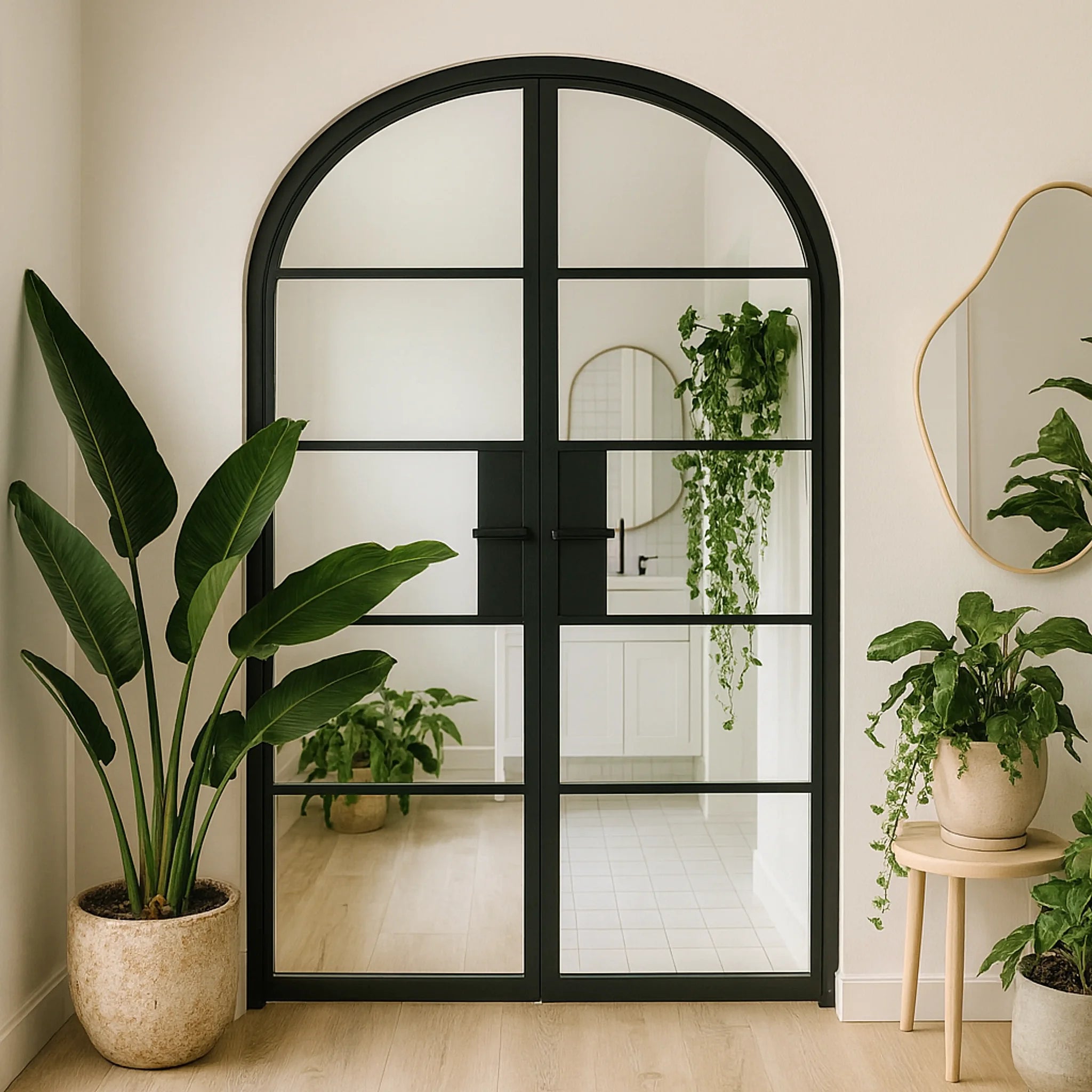 5 Lite Interior Steel Round Top French Double Door Modern Line - Alpada Doors