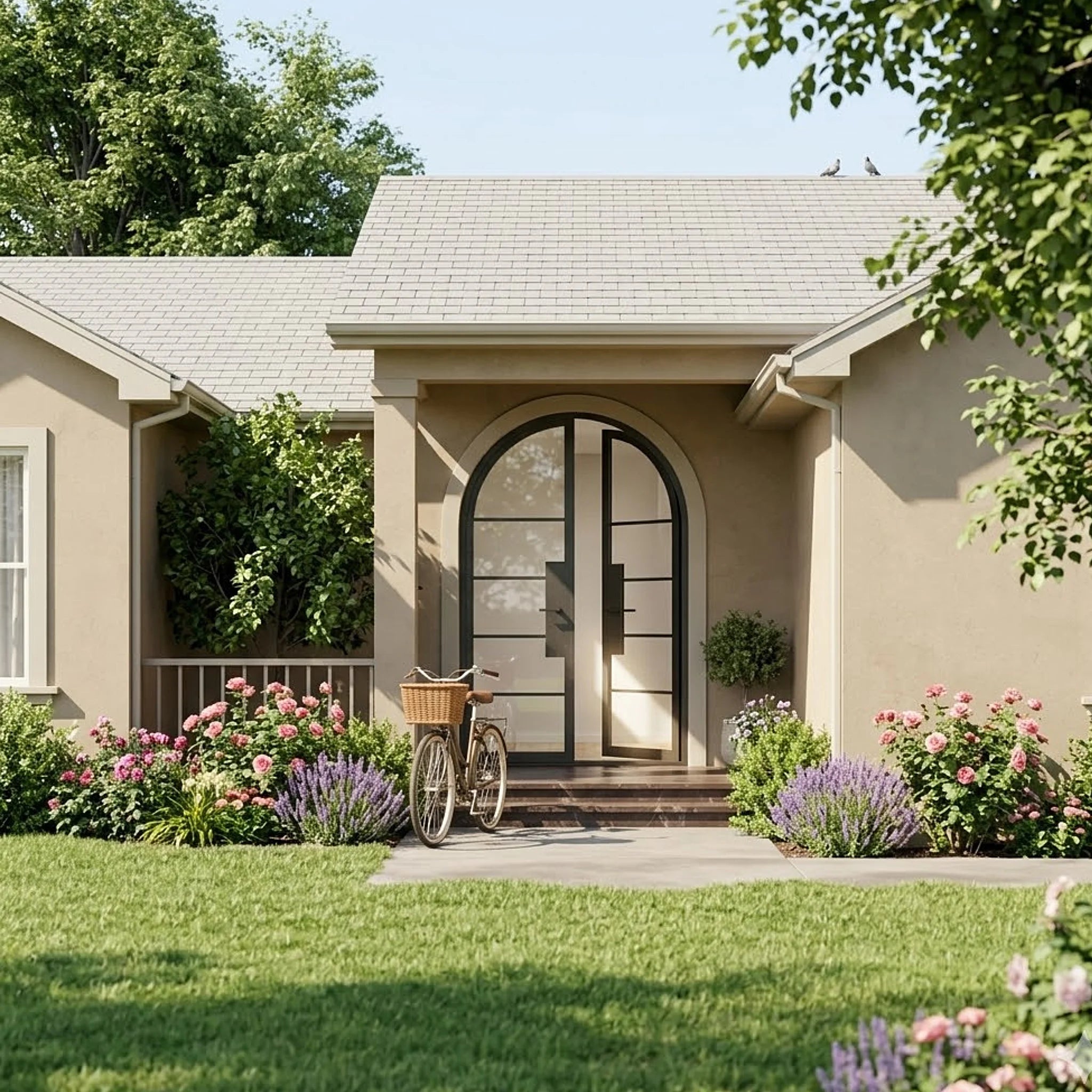 5 Lite Round Top Double Front Door - steel and glass front door front view - Alpada Doors