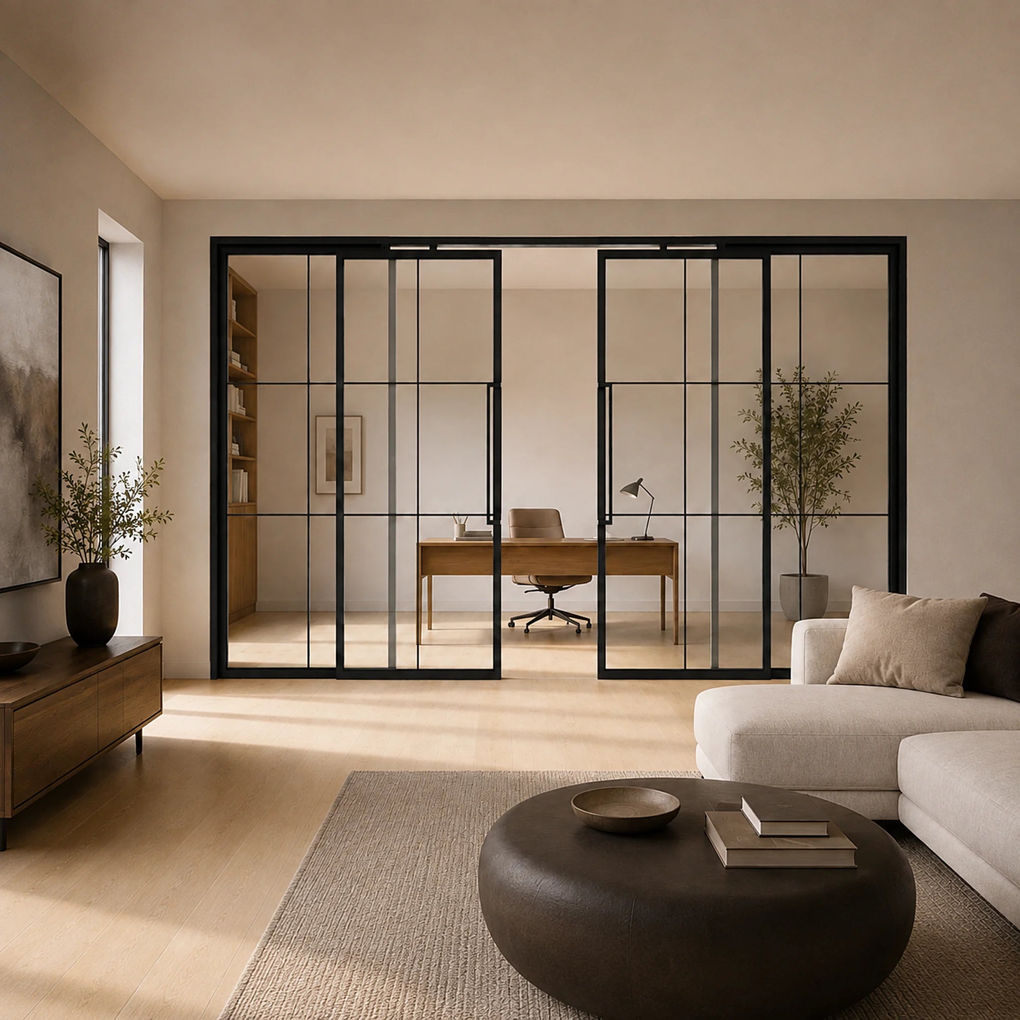 6 Lite Double Interior Sliding Door - French grid sliding glass room divider open - Alpada Doors