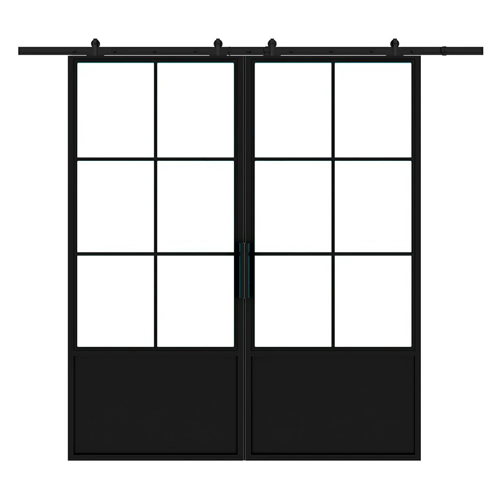 6 Lite Interior French Double Barn Door w/ Steel Panel - AlpadaDoors - Interior double barn door