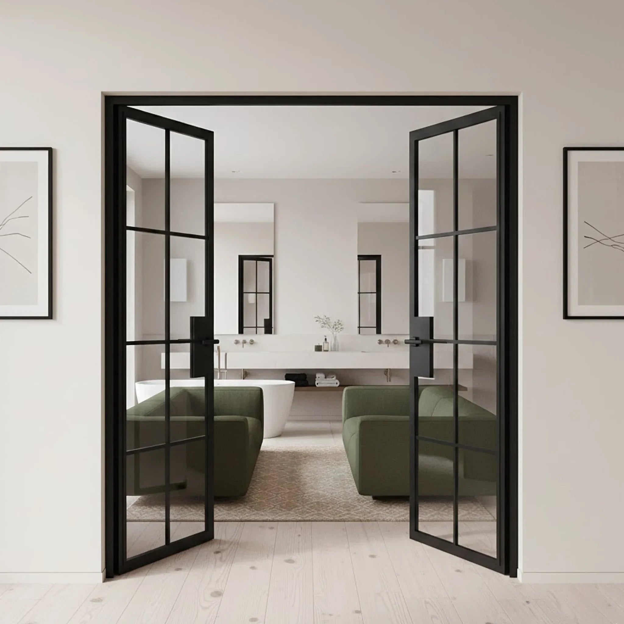 8 Lite Interior Steel French Double Door Clear Glass