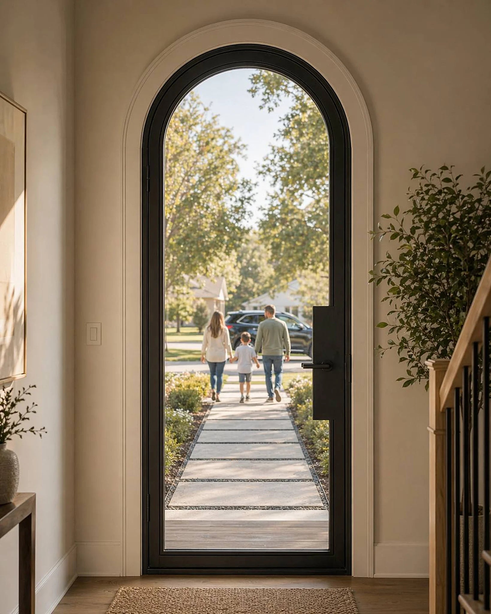 Full Lite Arched Single Front Door - steel and glass front door interior view - Alpada Doors