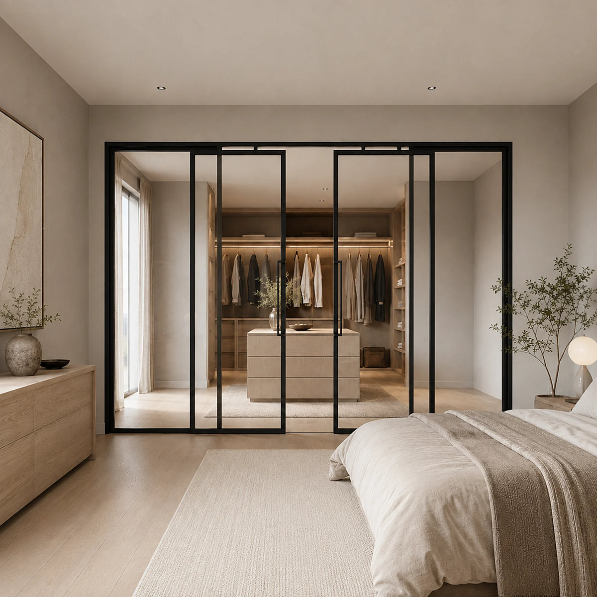Full Lite Double Interior Sliding Door - sliding glass room divider panels open - Alpada Doors