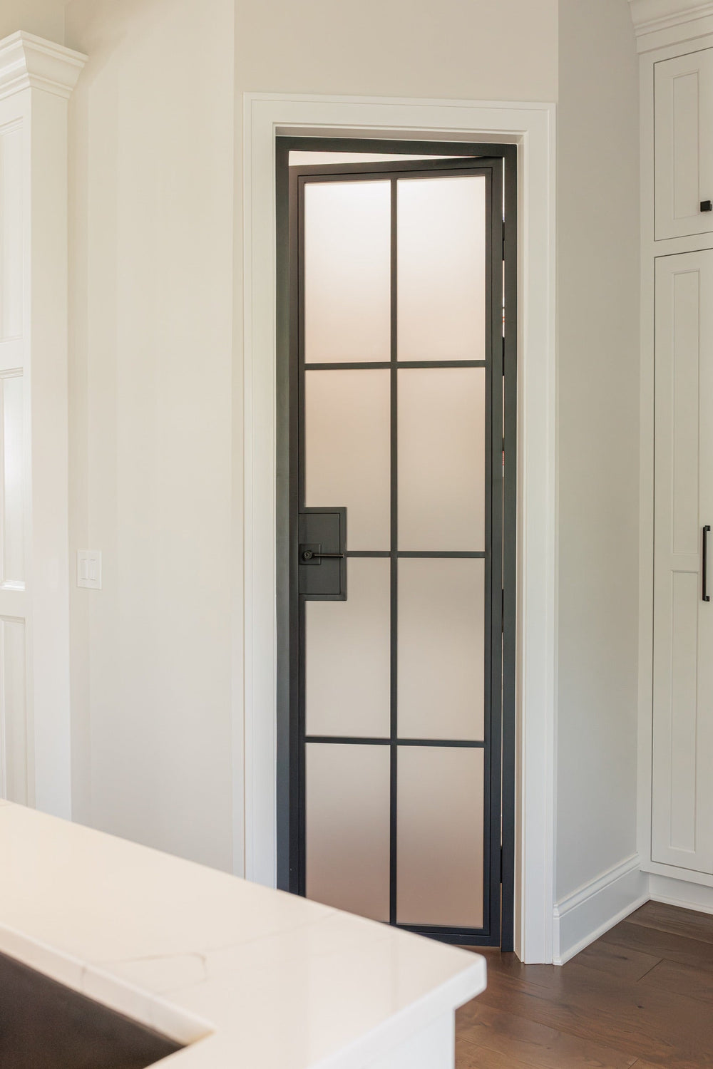 Closed 8 Lite steel pantry door, matte black frame, frosted glass panes and lever handle with lock, white kitchen cabinetry, Ohio