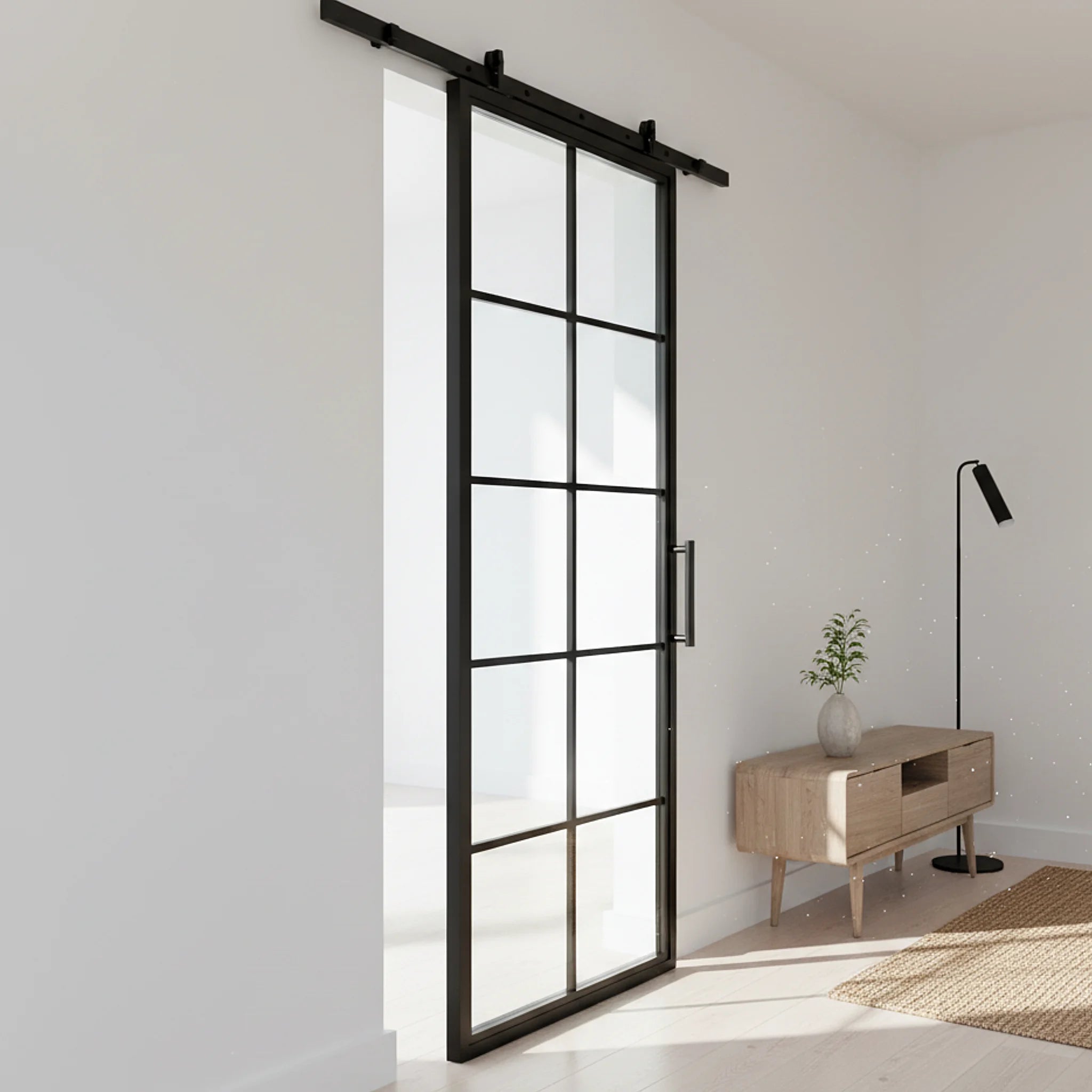 10 Lite Interior Steel French Barn Door Frosted Glass Classic Grid - Alpada Doors