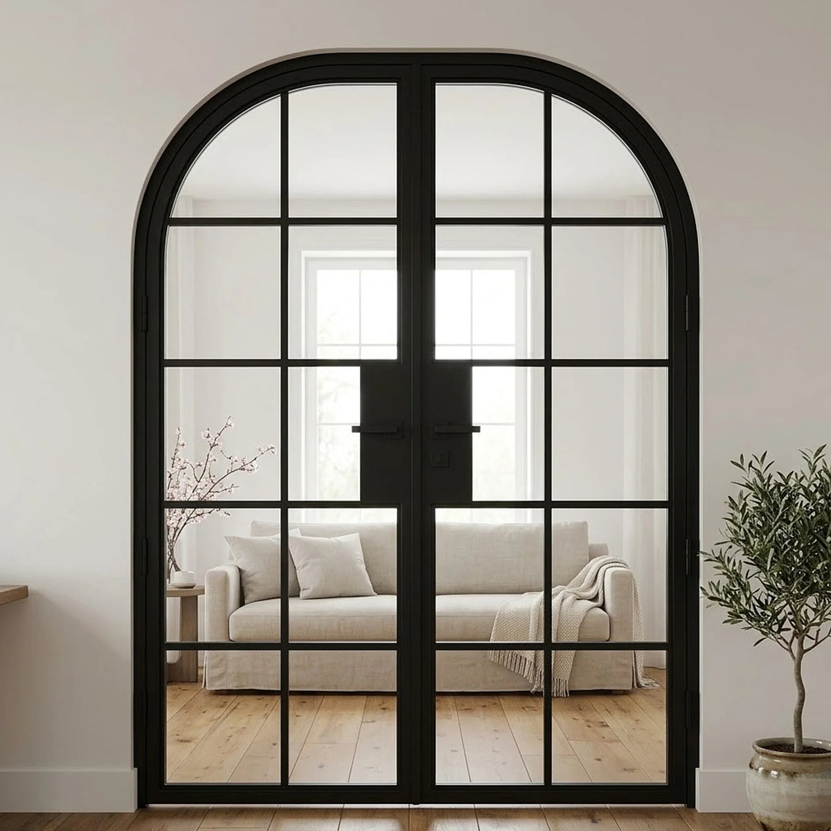 10 Lite Interior Steel Round Top French Double Door | Classic Grid