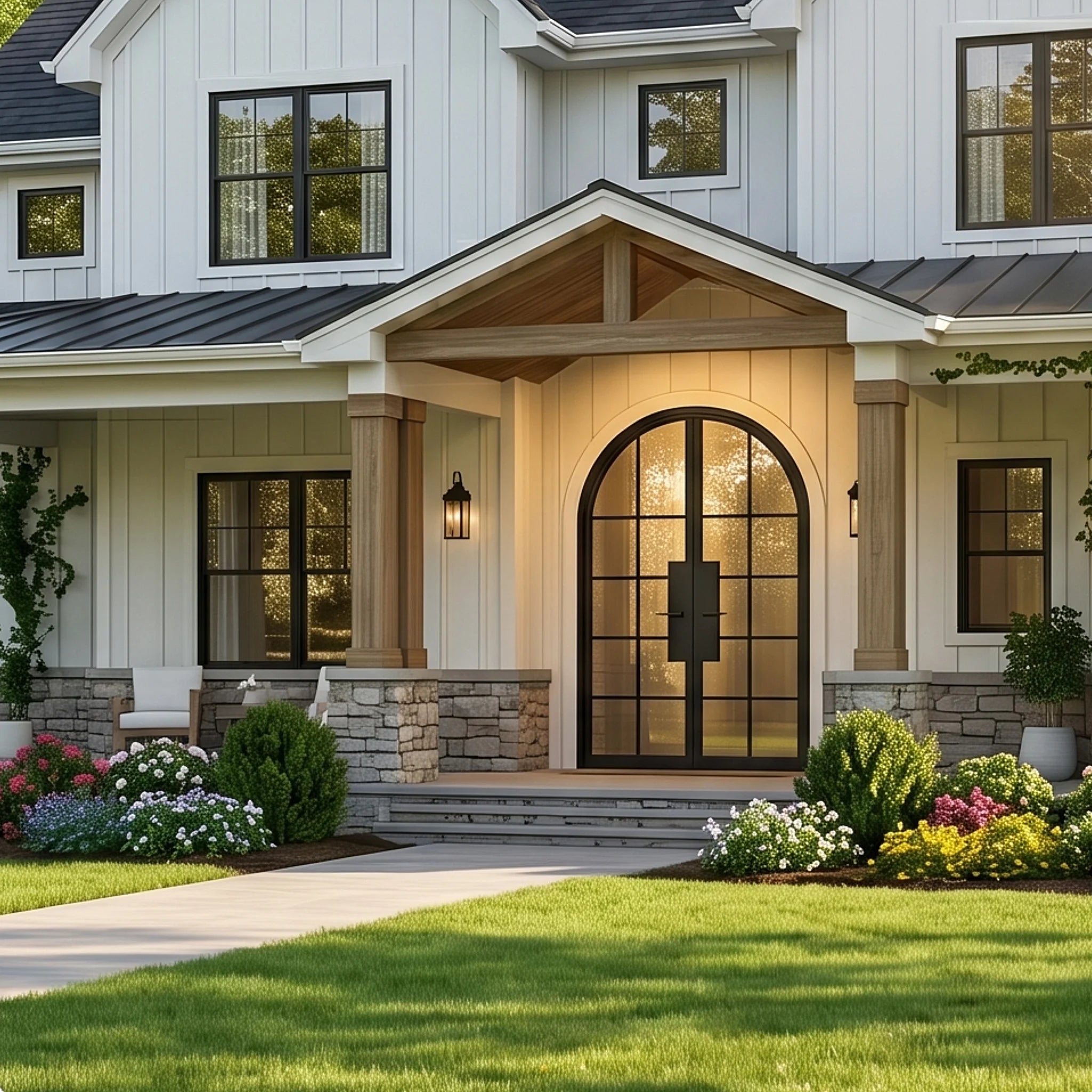 10 Lite Round Top Double Front Door - steel and glass front door front view - Alpada Doors