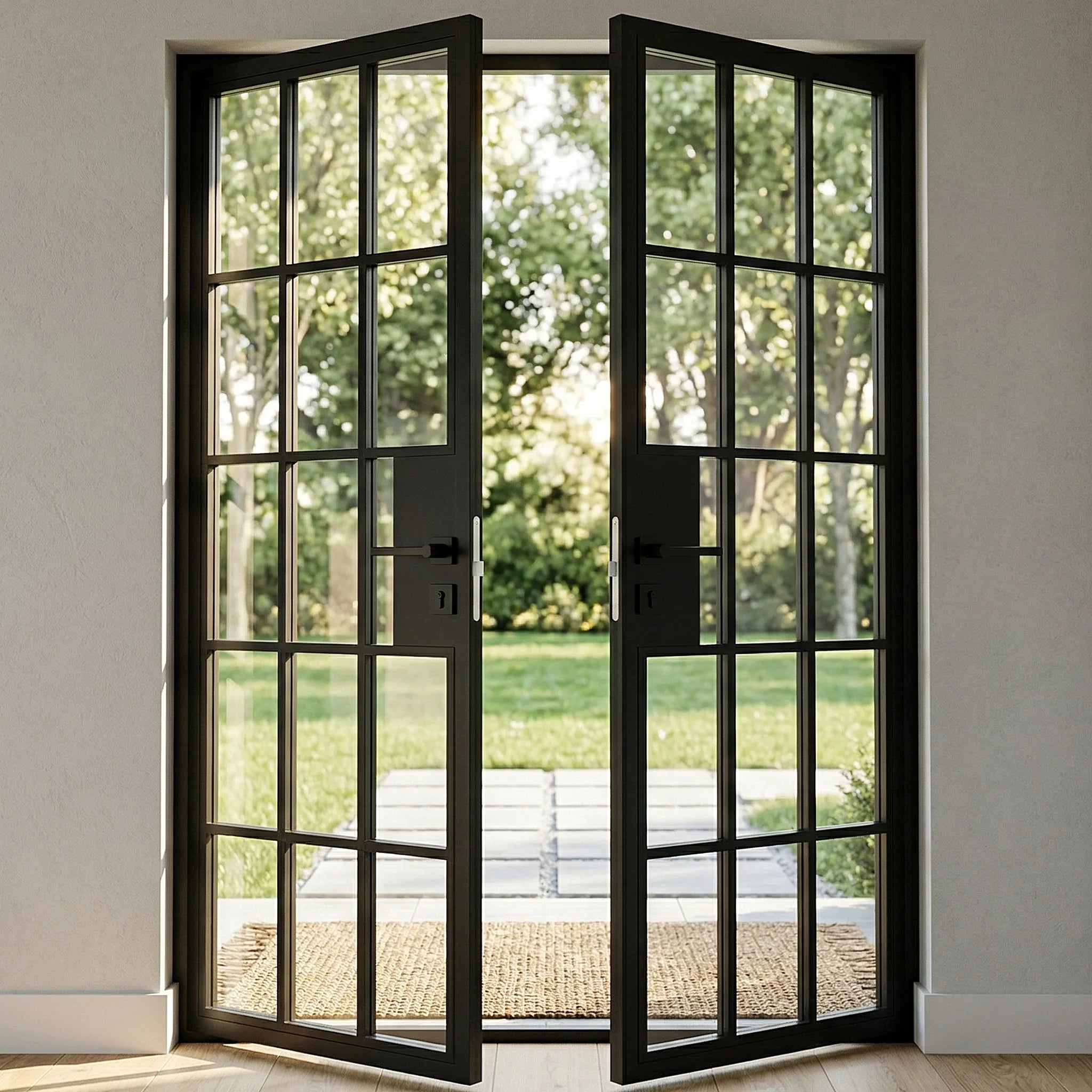 15 Lite Entryway Steel French Double Door - AlpadaDoors - Exterior double swing door