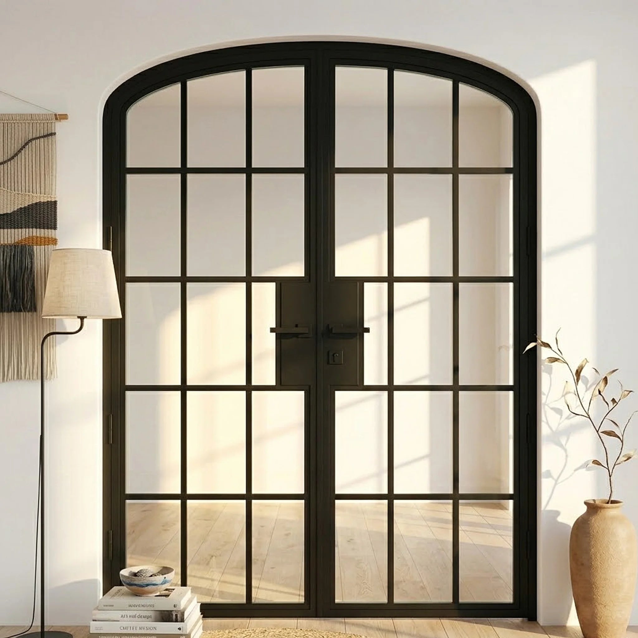 15 Lite Interior Steel Arched Top French Double Door Classic Grid - Alpada Doors