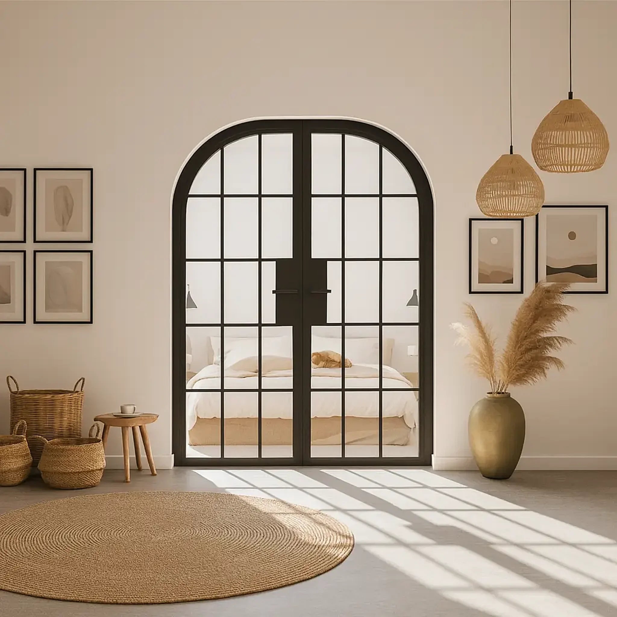 15 Lite Interior Steel Round Top French Double Door - AlpadaDoors - Arched interior french doors