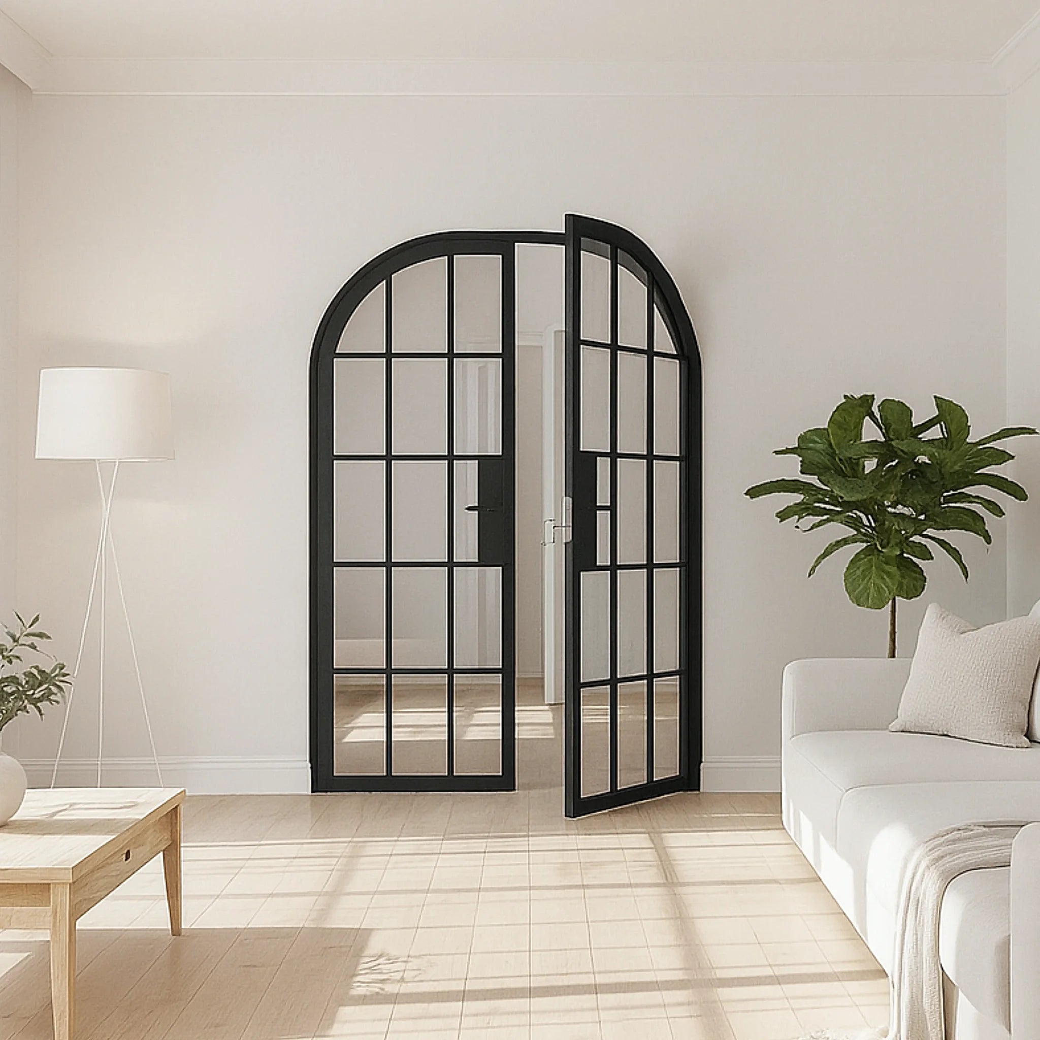15 Lite Interior Steel Round Top French Double Door Classic Grid - Alpada Doors