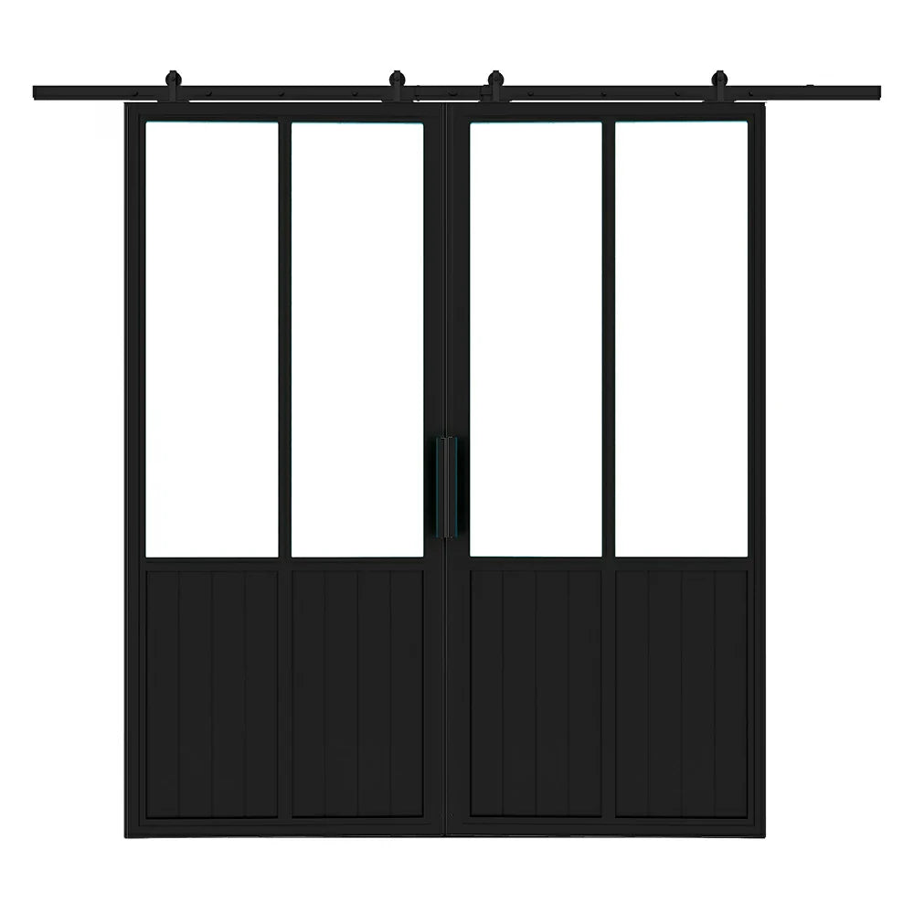 2 Lite Interior Double Barn Door Vertical Steel Panels