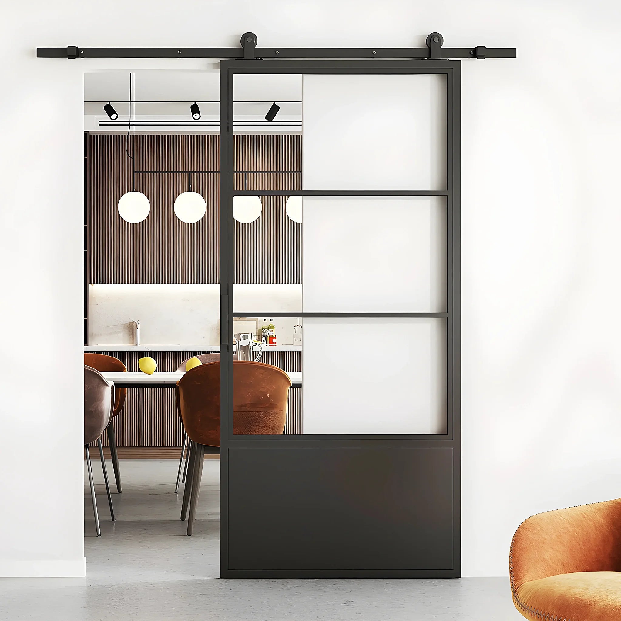 3 Lite Interior Barn Door w/ Steel Panel Frosted Glass - AlpadaDoors - Interior single barn door