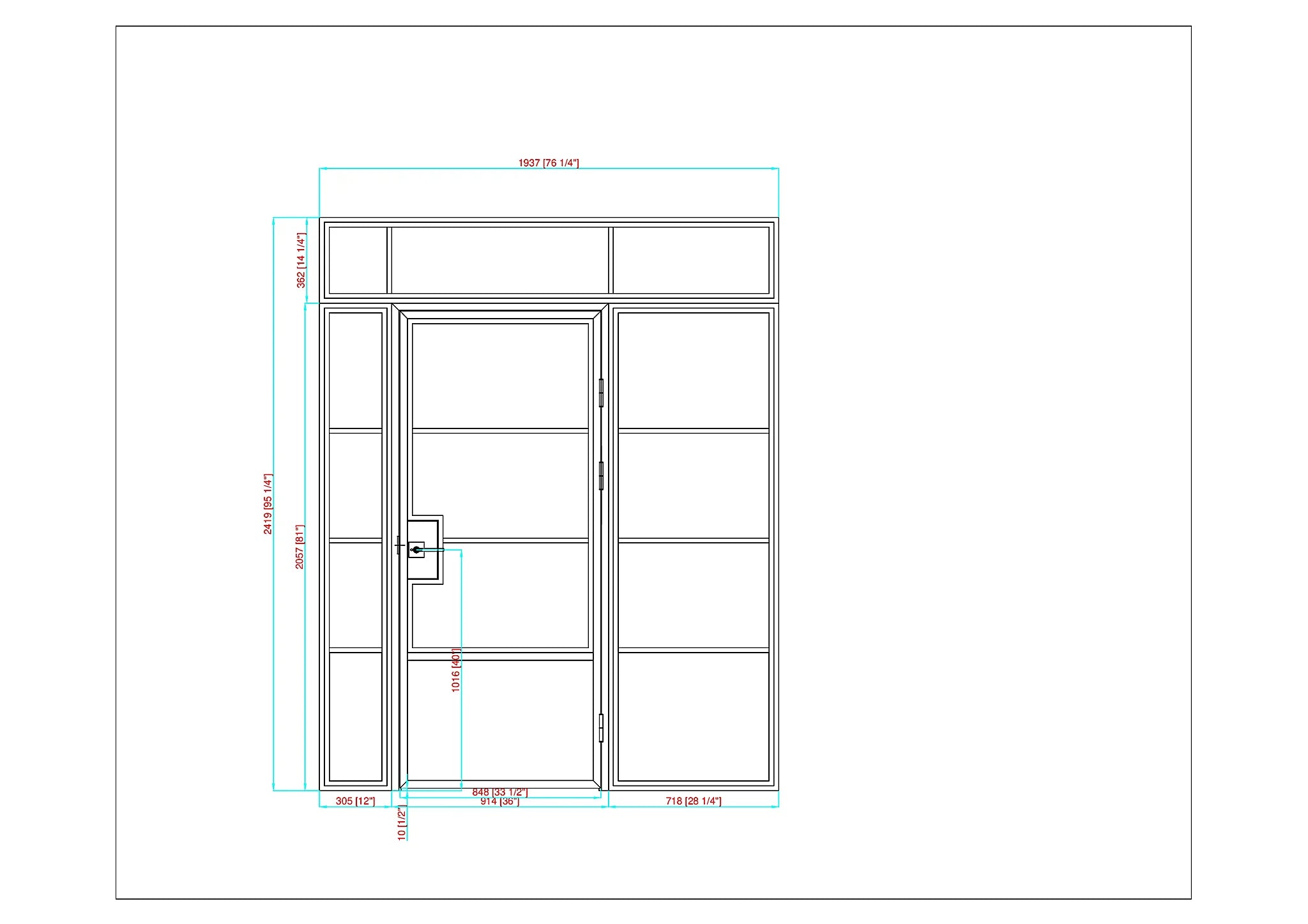 Steel and glass entry door system with sidelites and transom — single door 36" wide, left sidelite 12", right sidelite 28-1/4", full transom 76-1/4" wide, overall height 95-1/4" — CAD technical drawing with dimensions in mm and inches