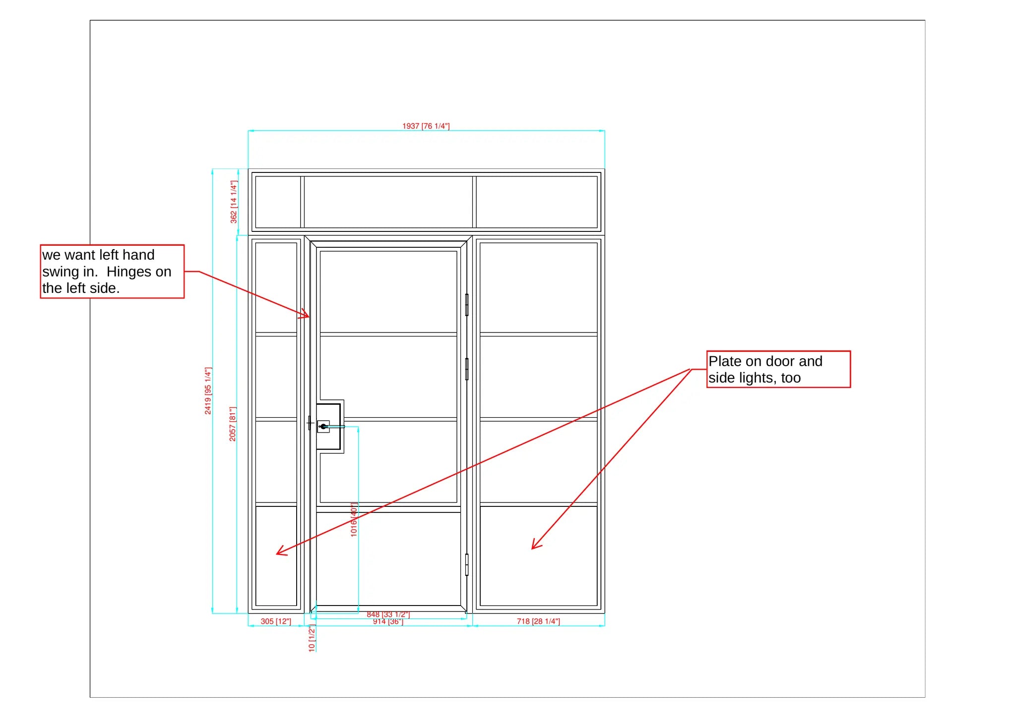 3 Lite Interior Steel Clear Glass Door with Bottom Panel - Transom & Sidelites 76"W x 95"H