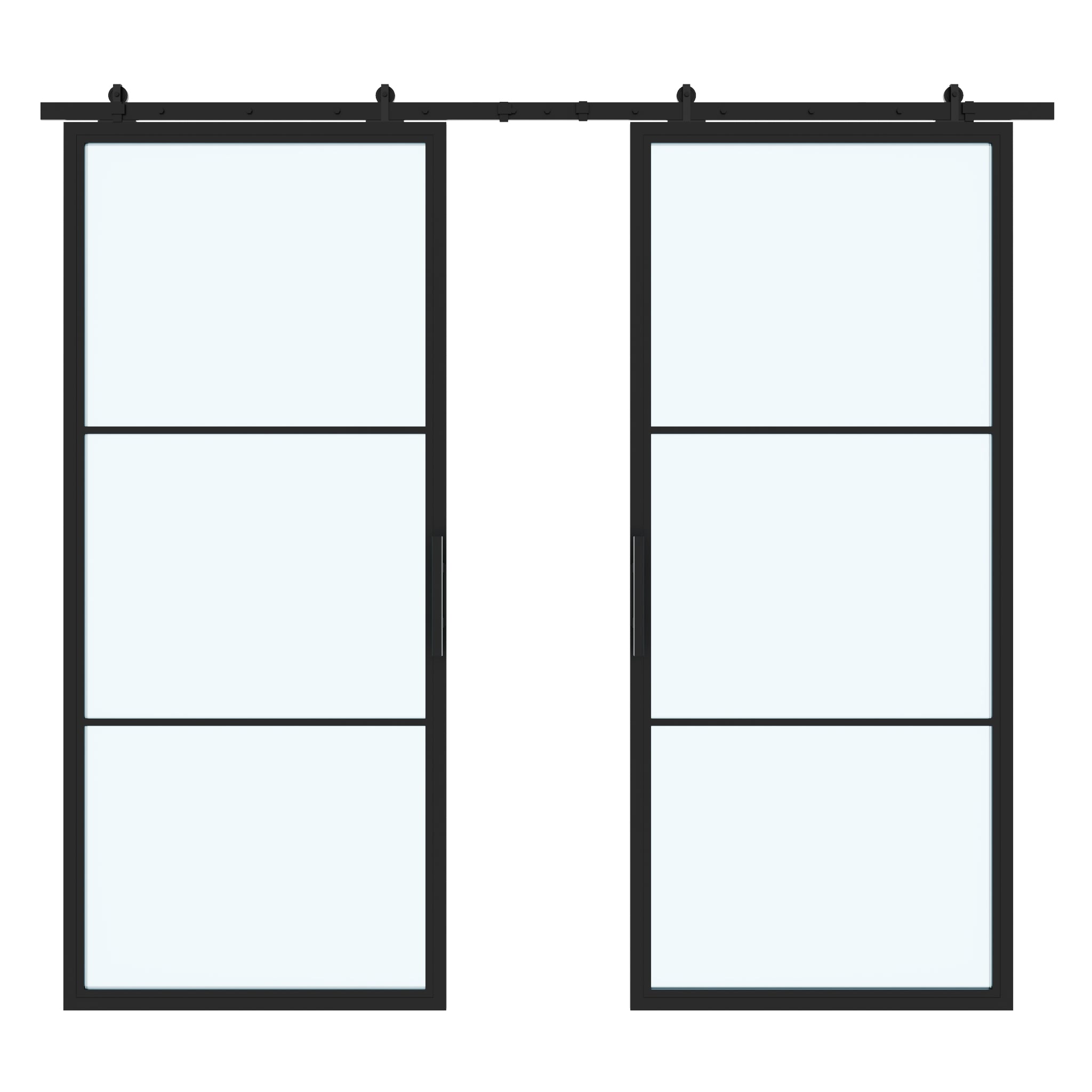 3 Lite Interior Steel Double Barn Door Frosted Glass Open