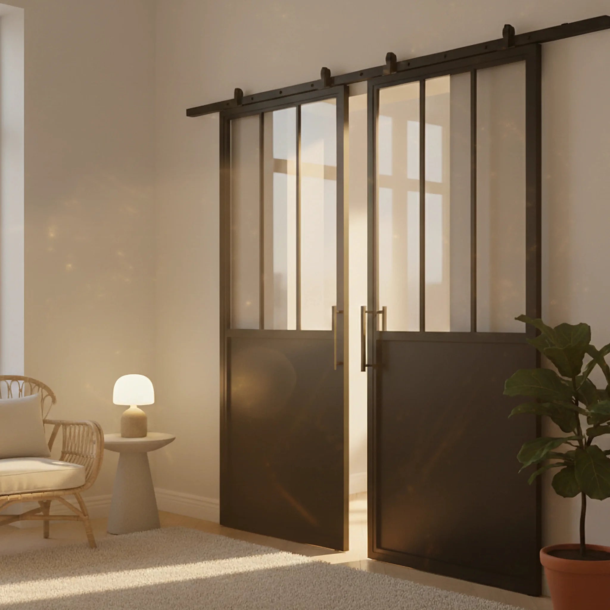 3 Lite Interior Steel Double Barn Door Rustic Smooth - Alpada Doors