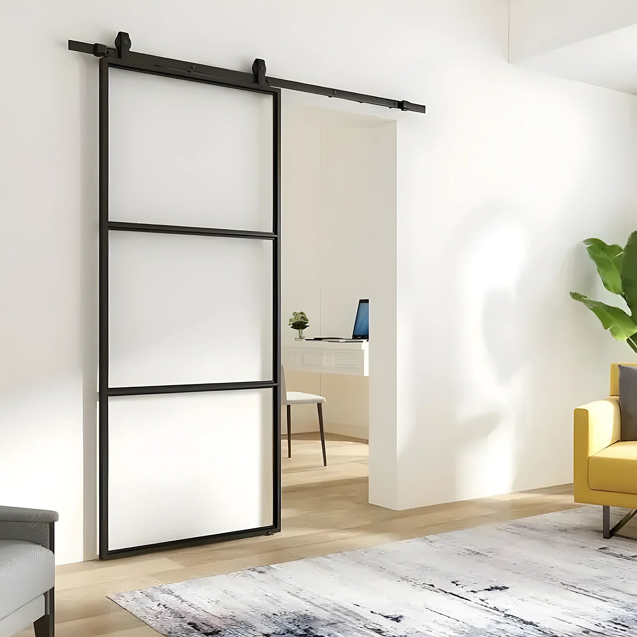 3 Lite Interior Steel French Barn Door Frosted Glass - AlpadaDoors - Interior single barn door