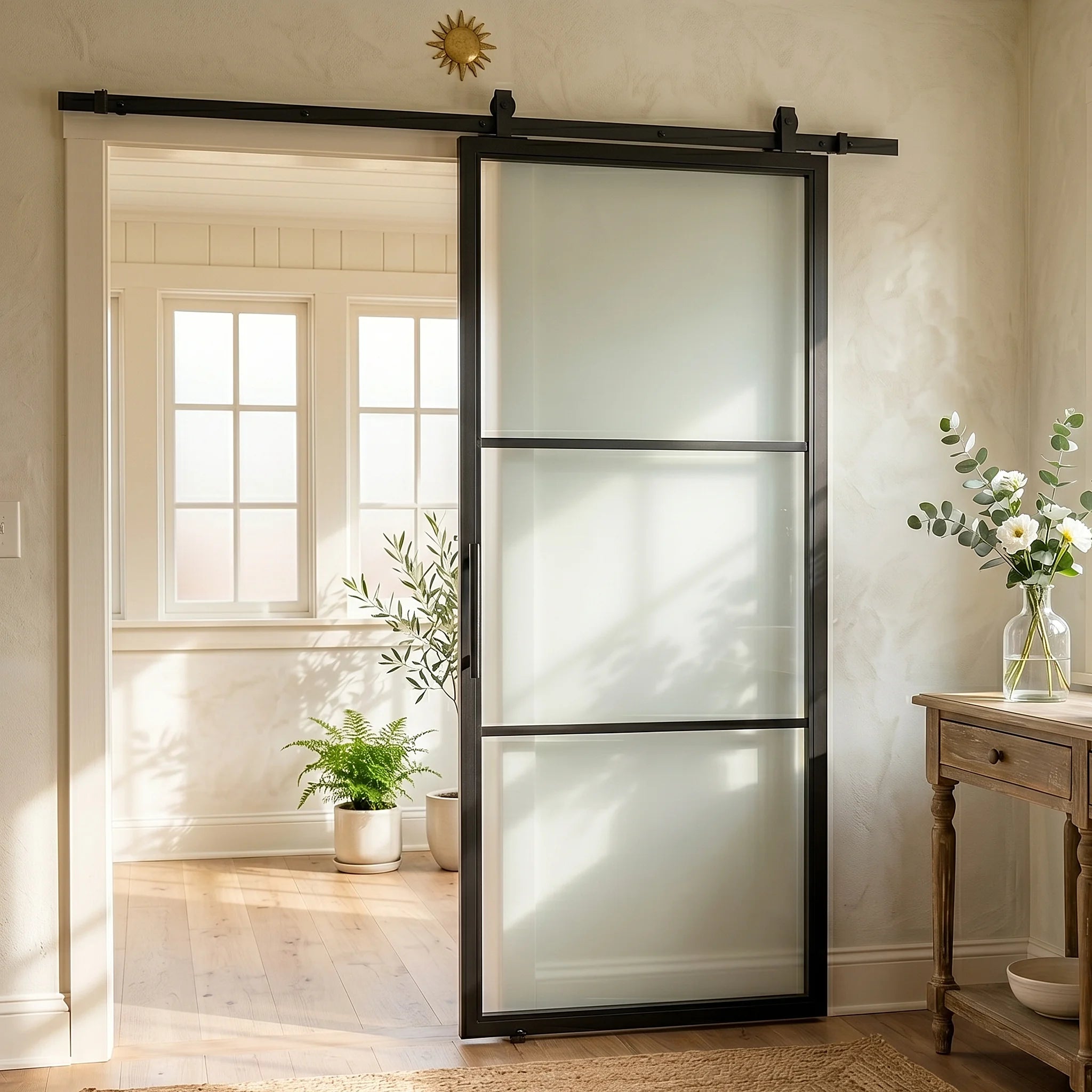 3 Lite Interior Steel French Barn Door Frosted Glass - AlpadaDoors - Interior single barn door