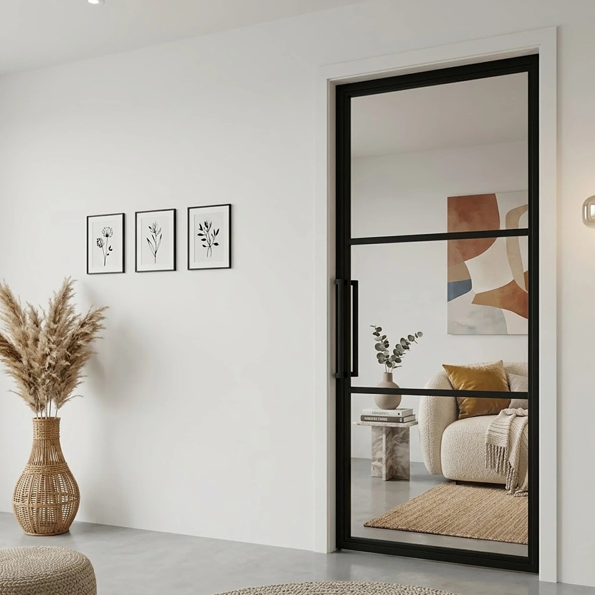 3 Lite Interior Steel French Door - Clear Glass With Tall Pull Handle