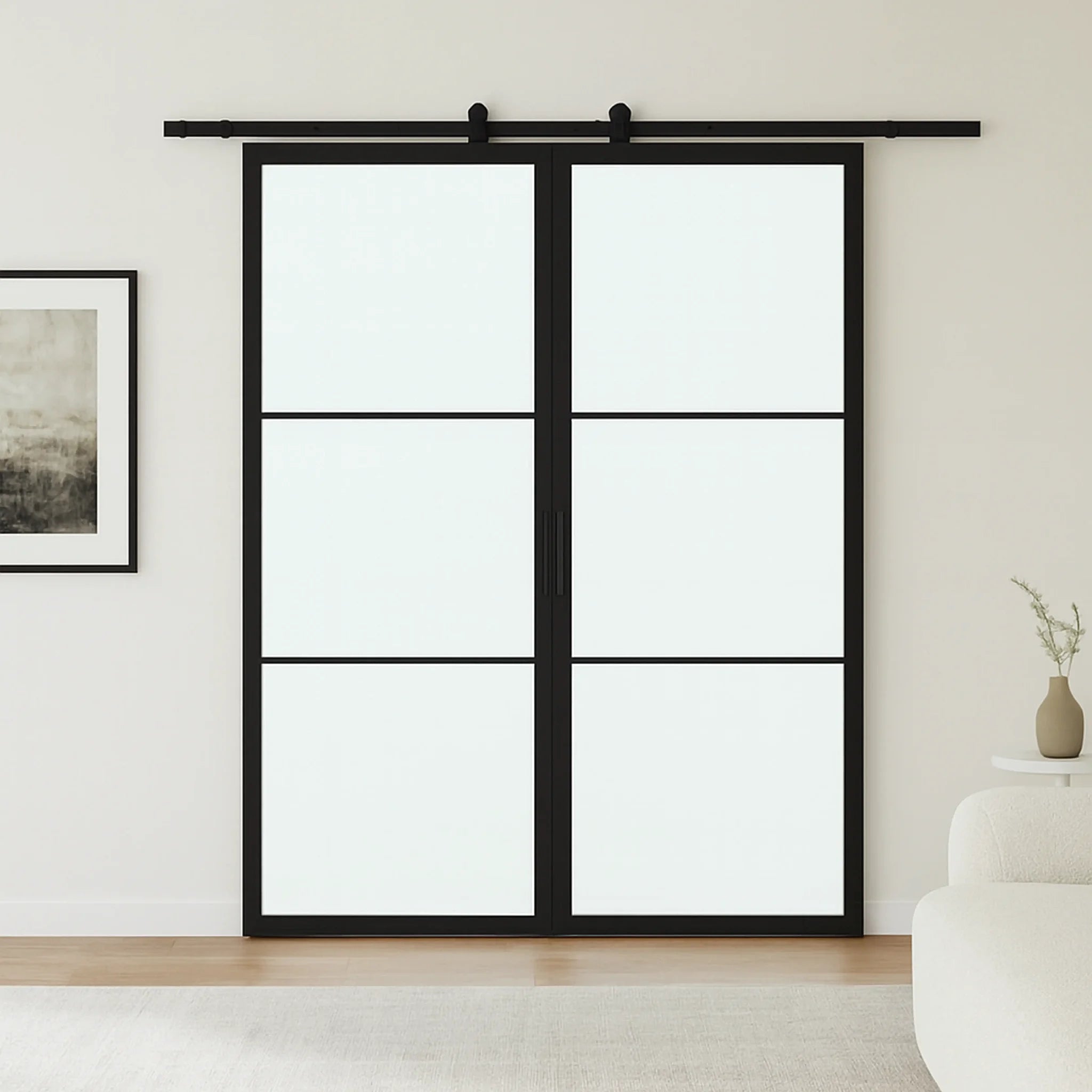 3 Lite Interior Steel French Double Barn Door Frosted Glass - AlpadaDoors - Interior double barn door