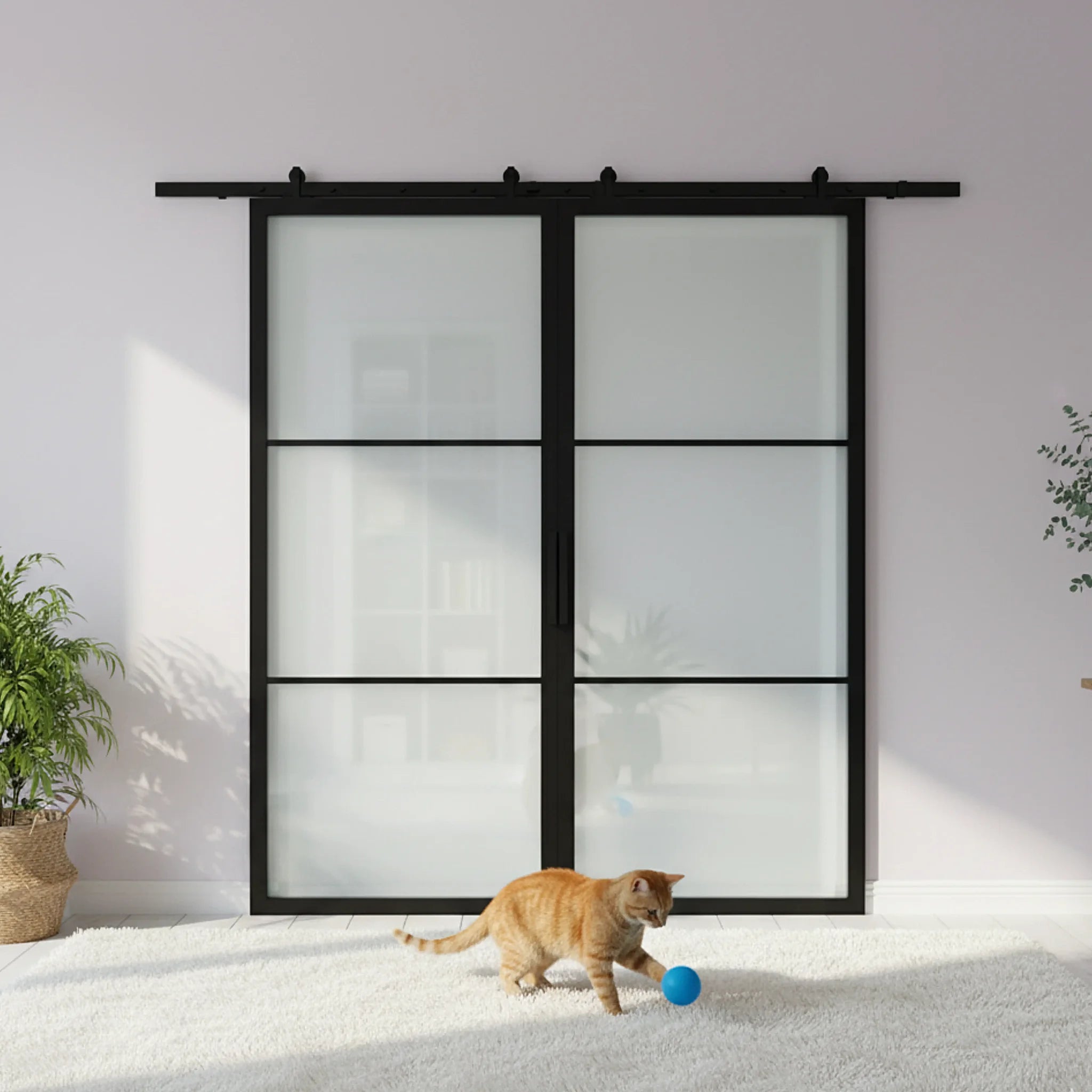 3 Lite Interior Steel French Double Barn Door Modern Line - Alpada Doors