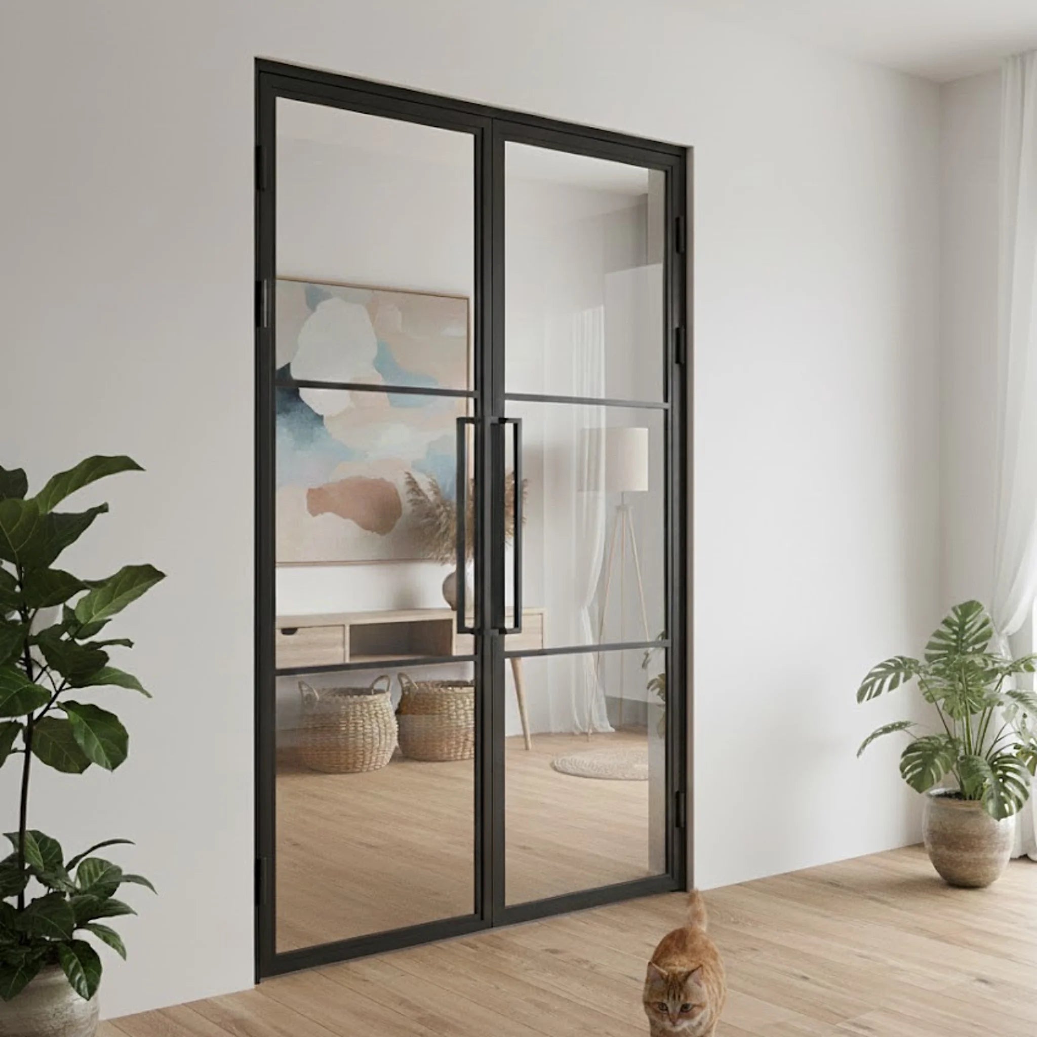 3-lite interior iron and glass French double door with tall pull handles, black frame, closed in modern living room