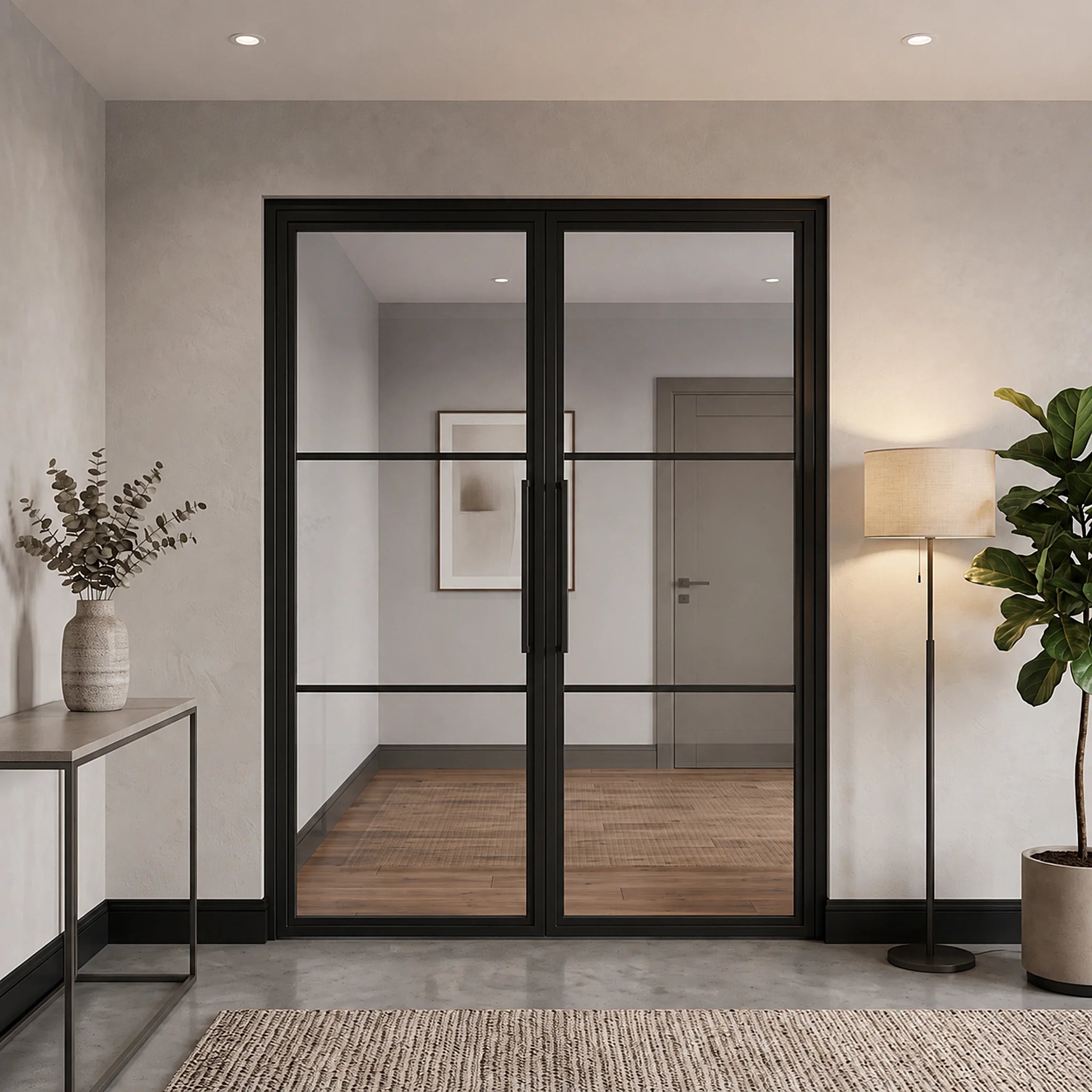 3-lite black iron French double door with clear glass and tall pull handles installed in neutral hallway interior