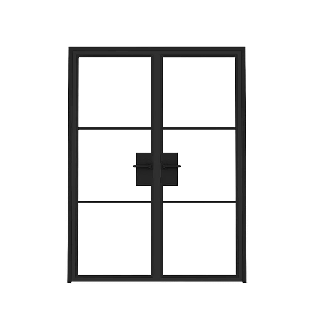 3 Lite Interior Steel French Double Door with Tall Pull Handle - AlpadaDoors - Interior double swing door