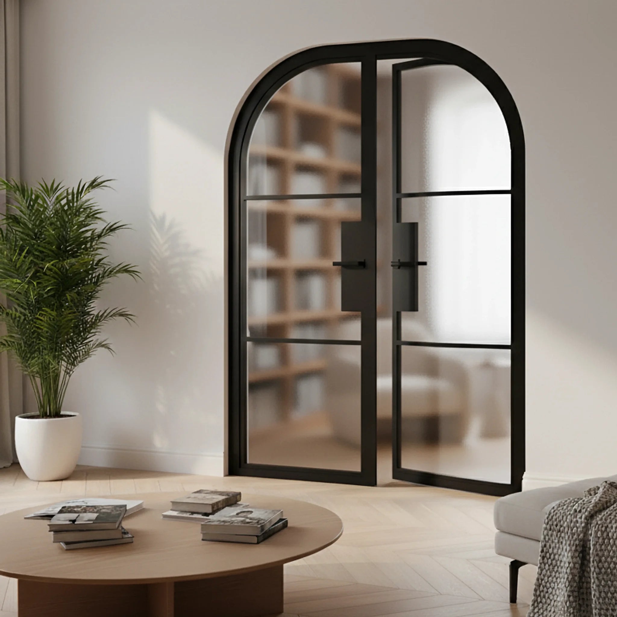 3 Lite Interior Steel Round Top French Double Door Modern Line - Alpada Doors