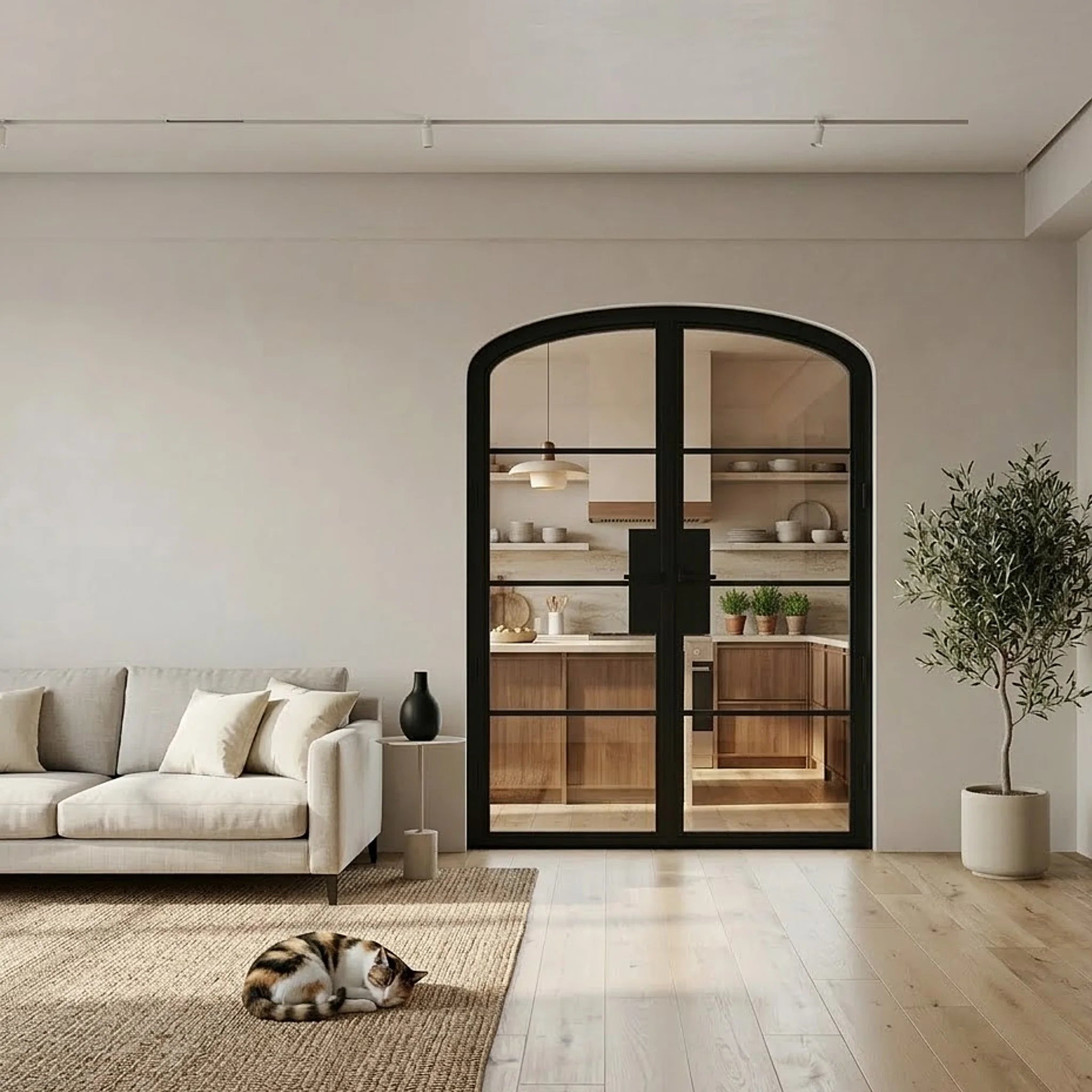 4 Lite Interior Steel Arched Top French Double Door Modern Line - Alpada Doors