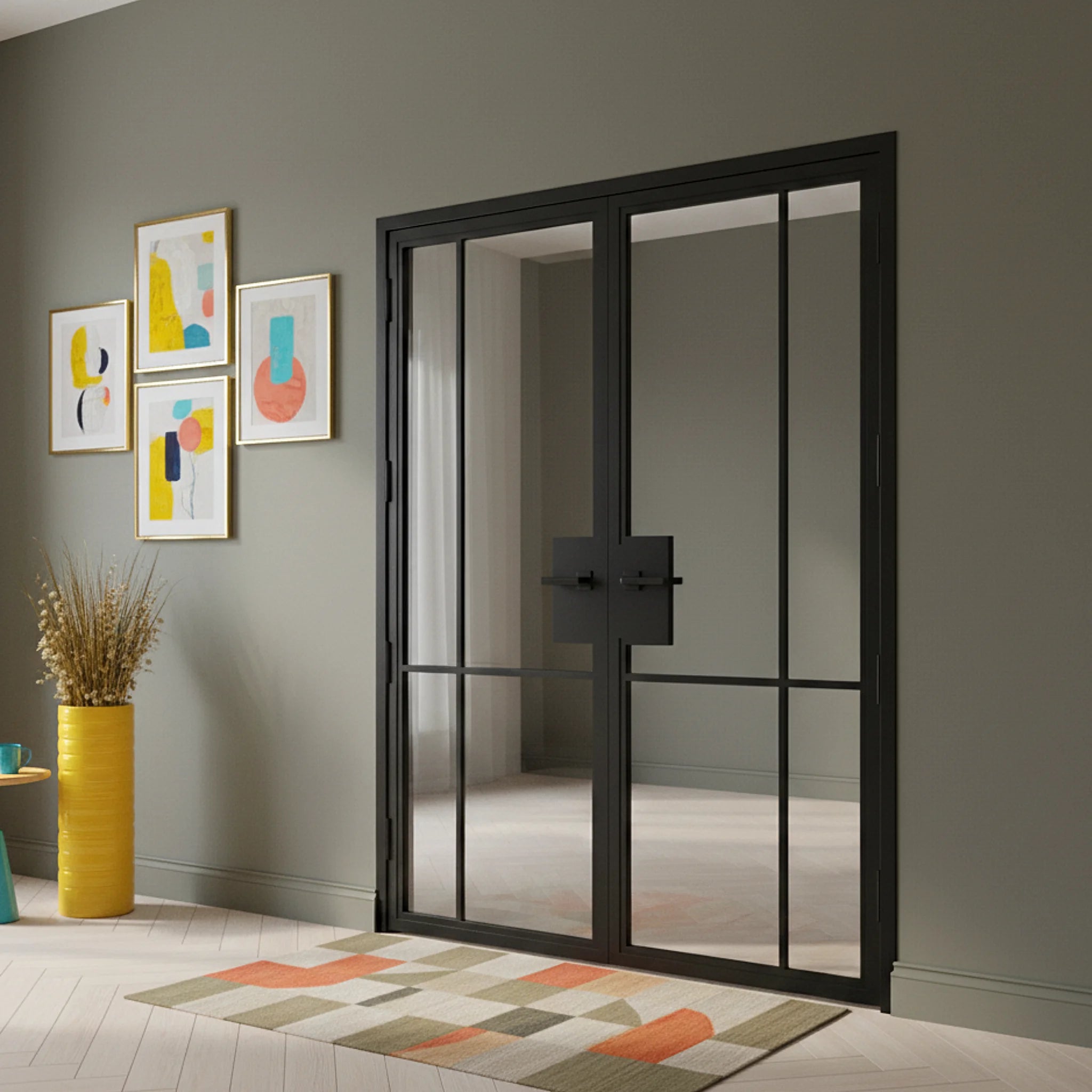 4 Lite Interior Steel Double Door Bottom Outward Offset - Alpada Doors